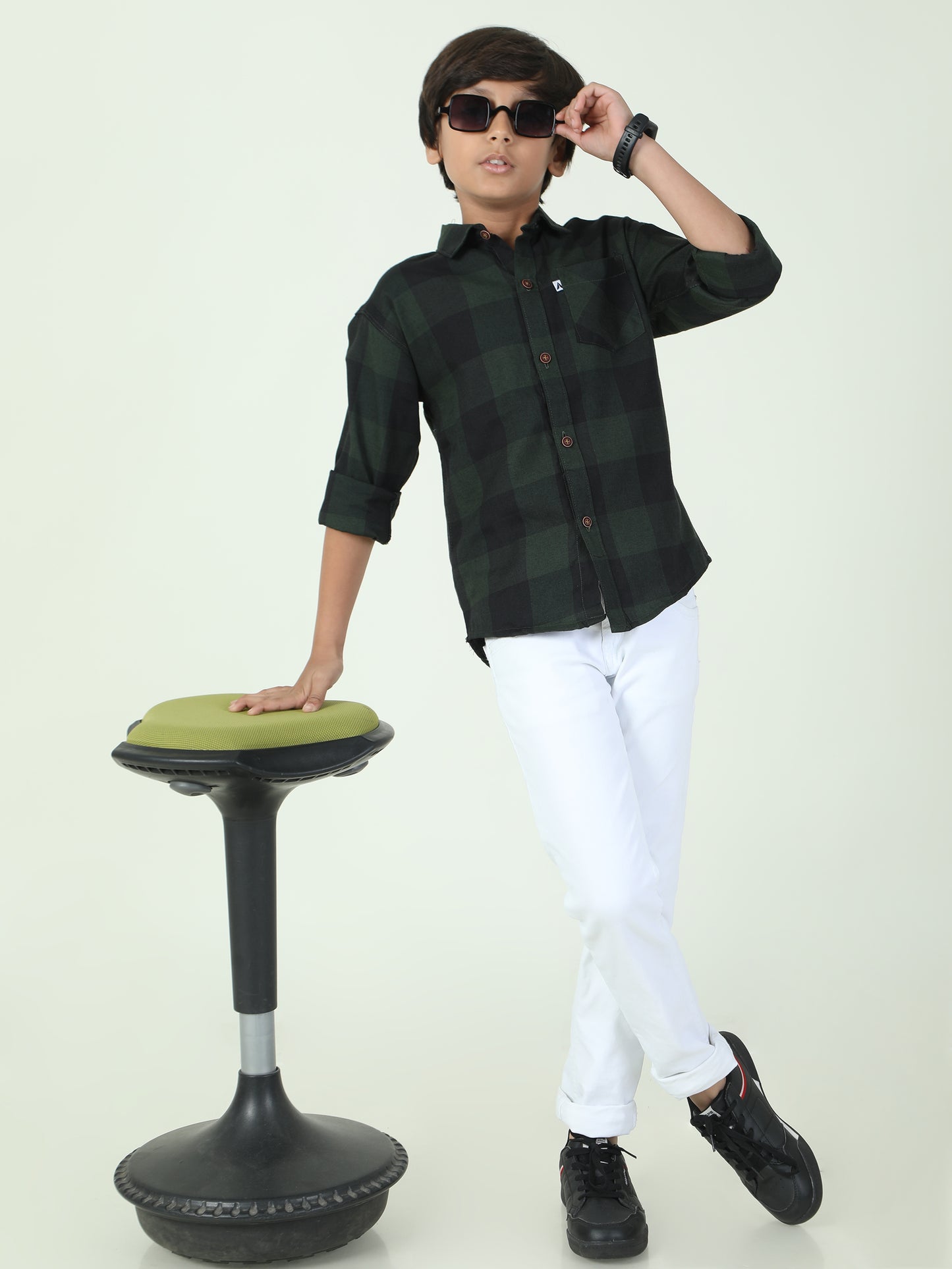 Tomtom Cotton Blend Boys Green Plaid Shirt