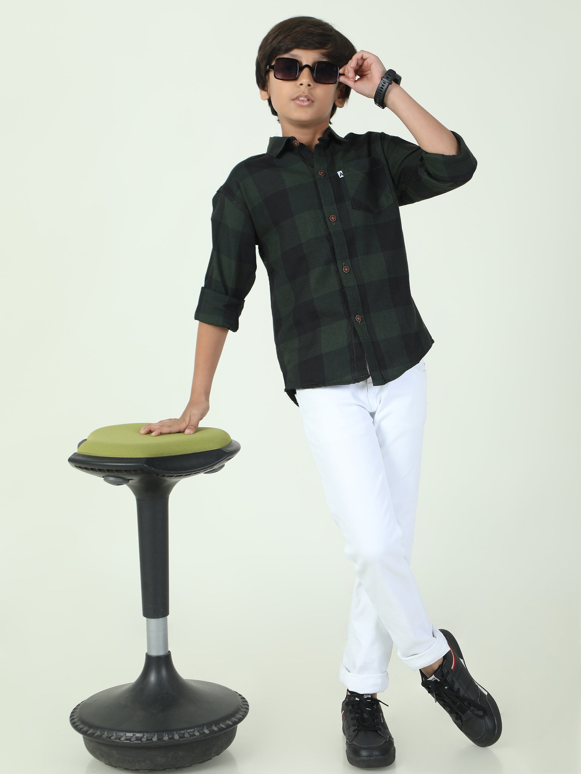 Tomtom Cotton Blend Boys Green Plaid Shirt