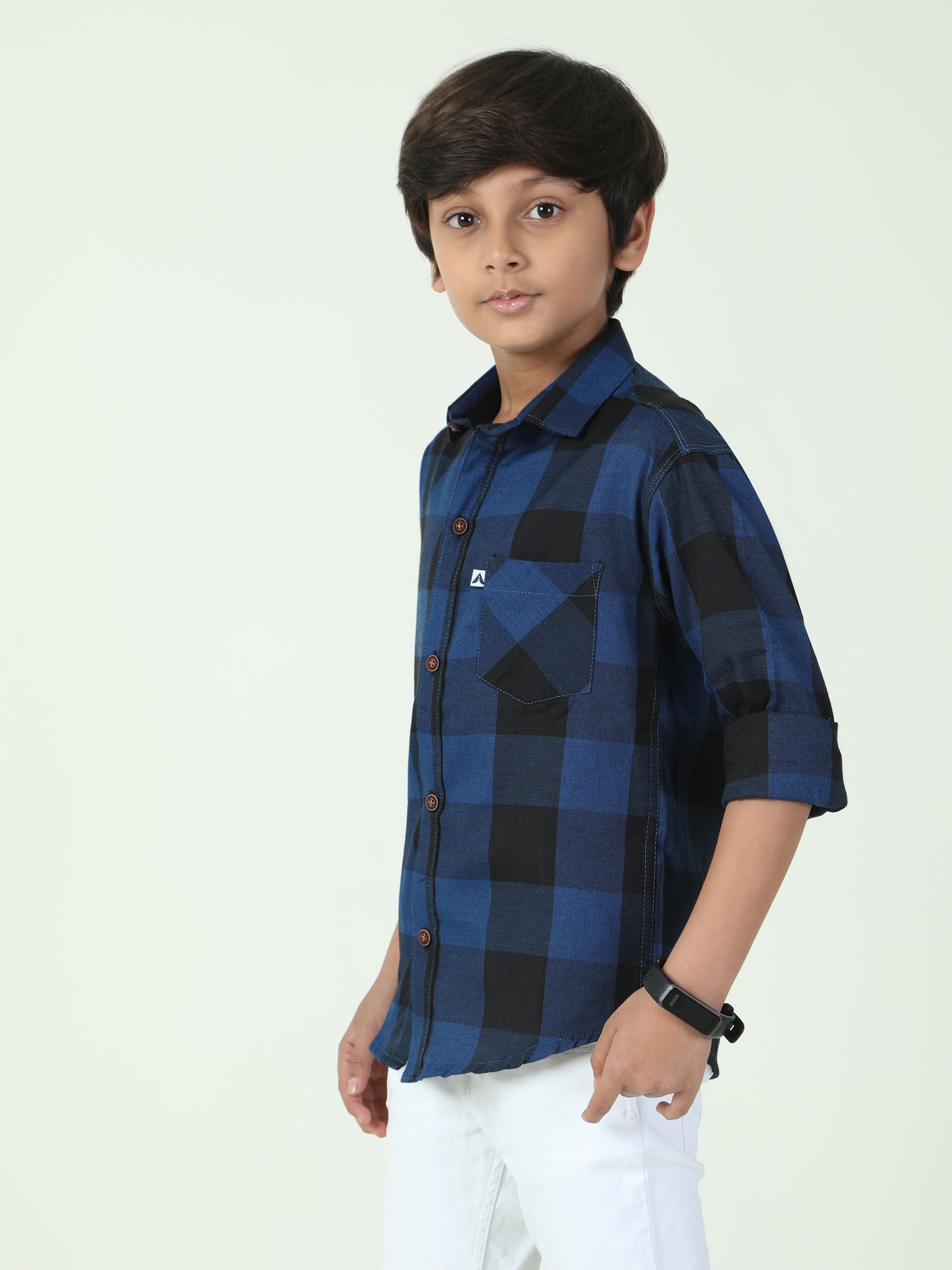Tomtom Navy Cotton Boys Plaid Dress Shirt