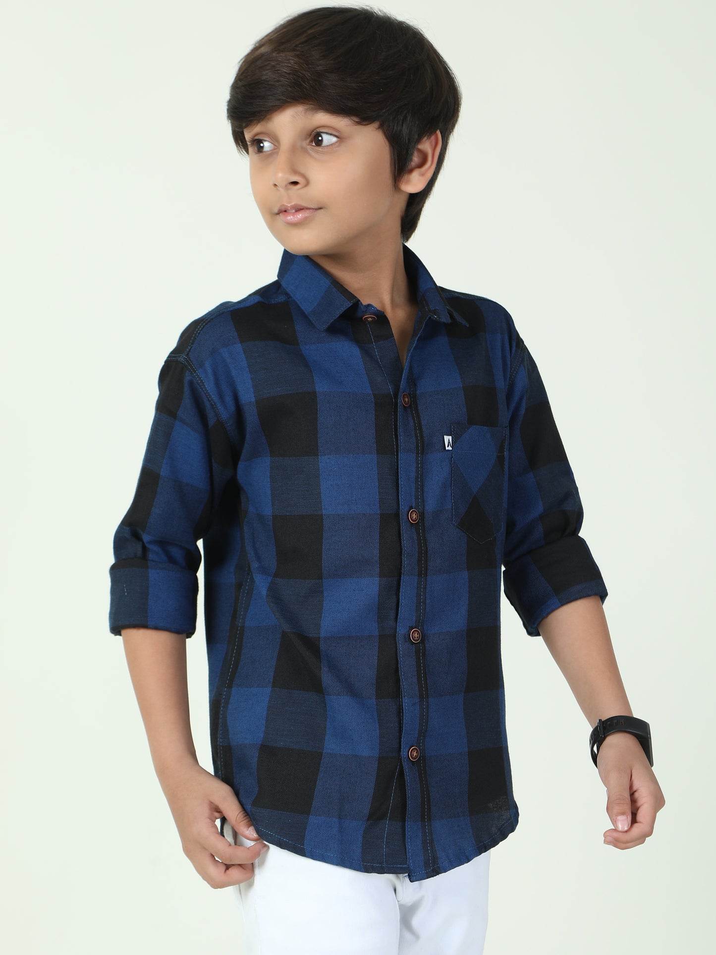 Tomtom Navy Cotton Boys Plaid Dress Shirt