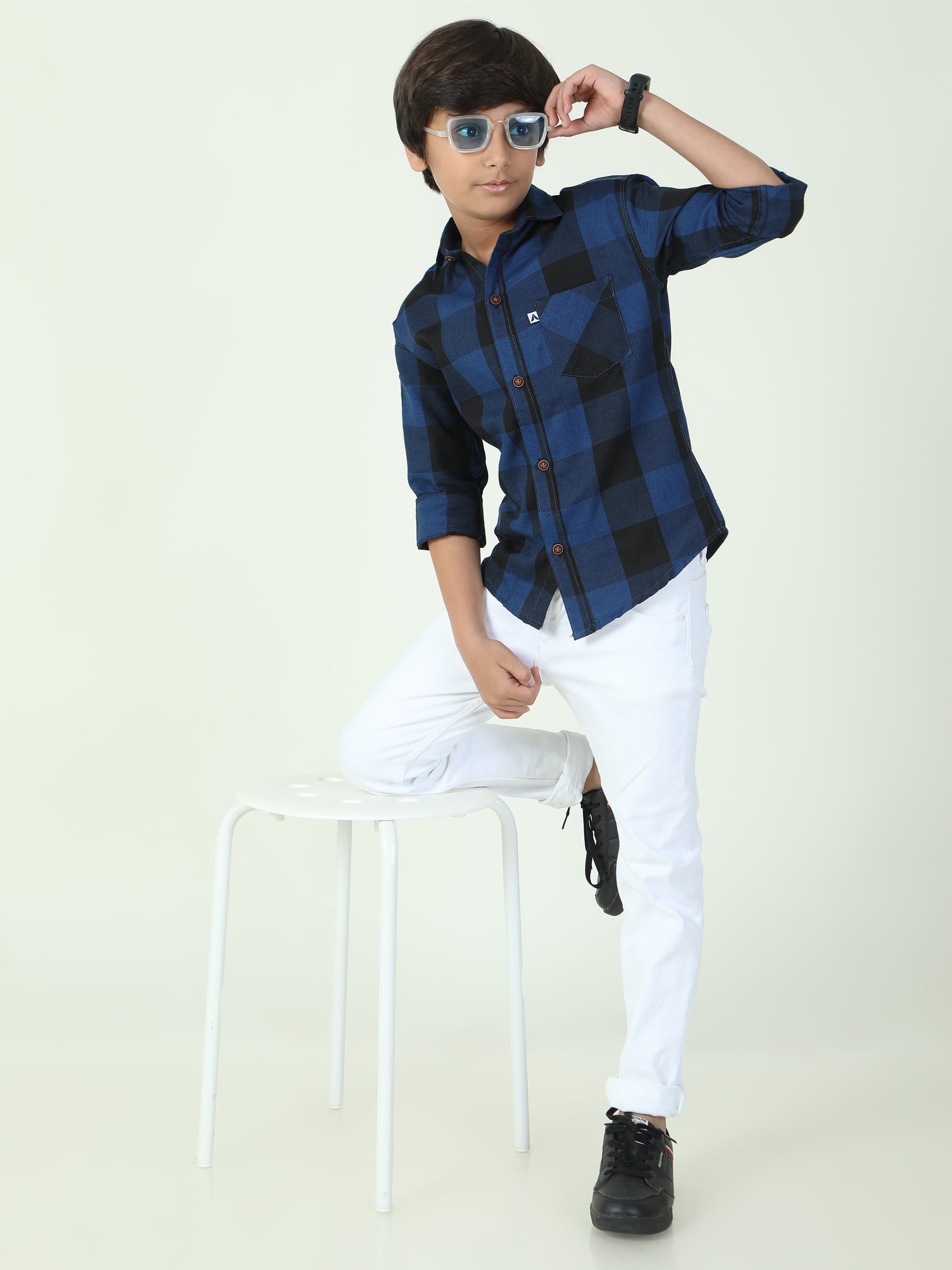 Tomtom Navy Cotton Boys Plaid Dress Shirt