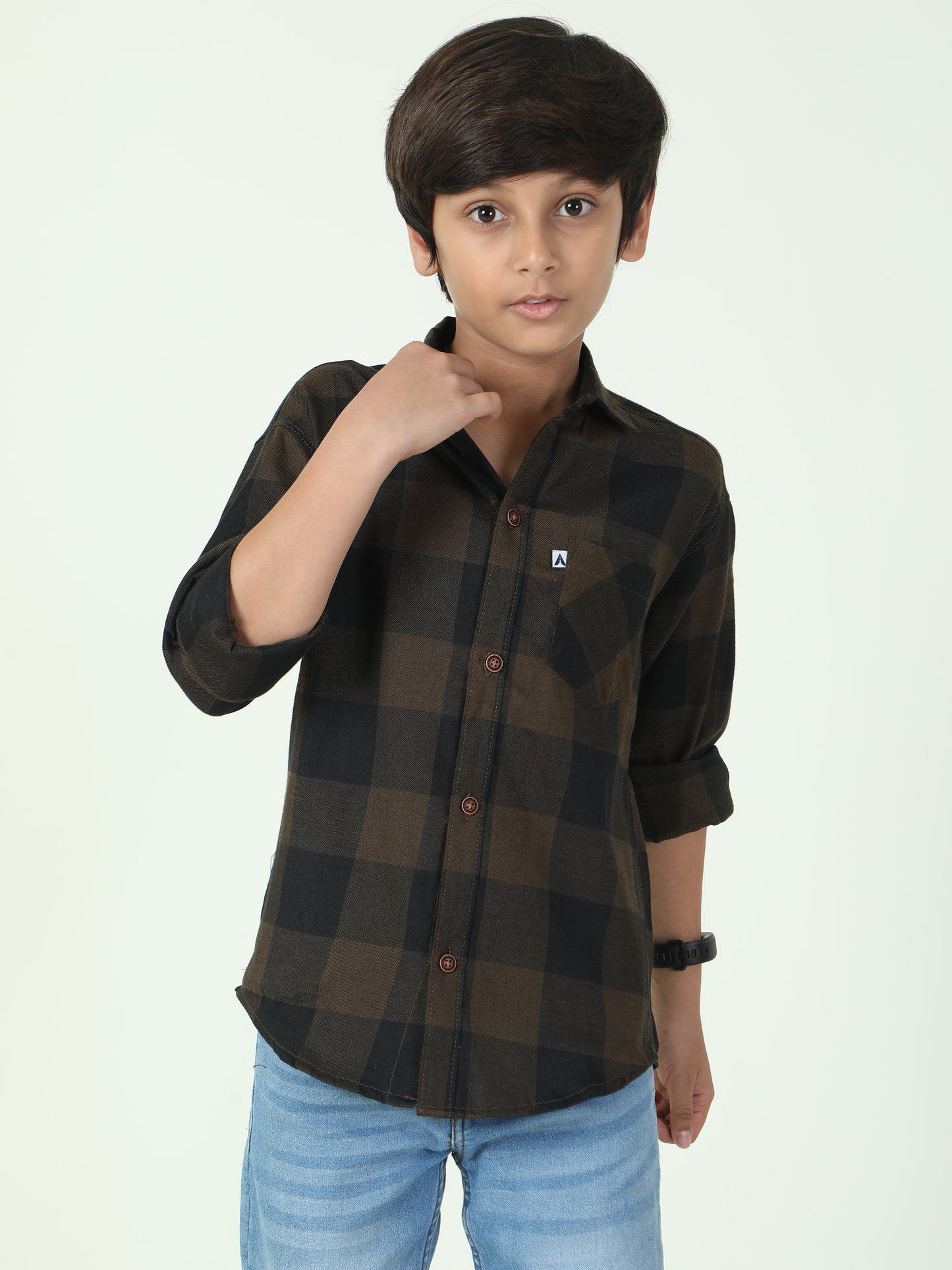 Tomtom Brown Cotton Blend Checks Shirt For Kids