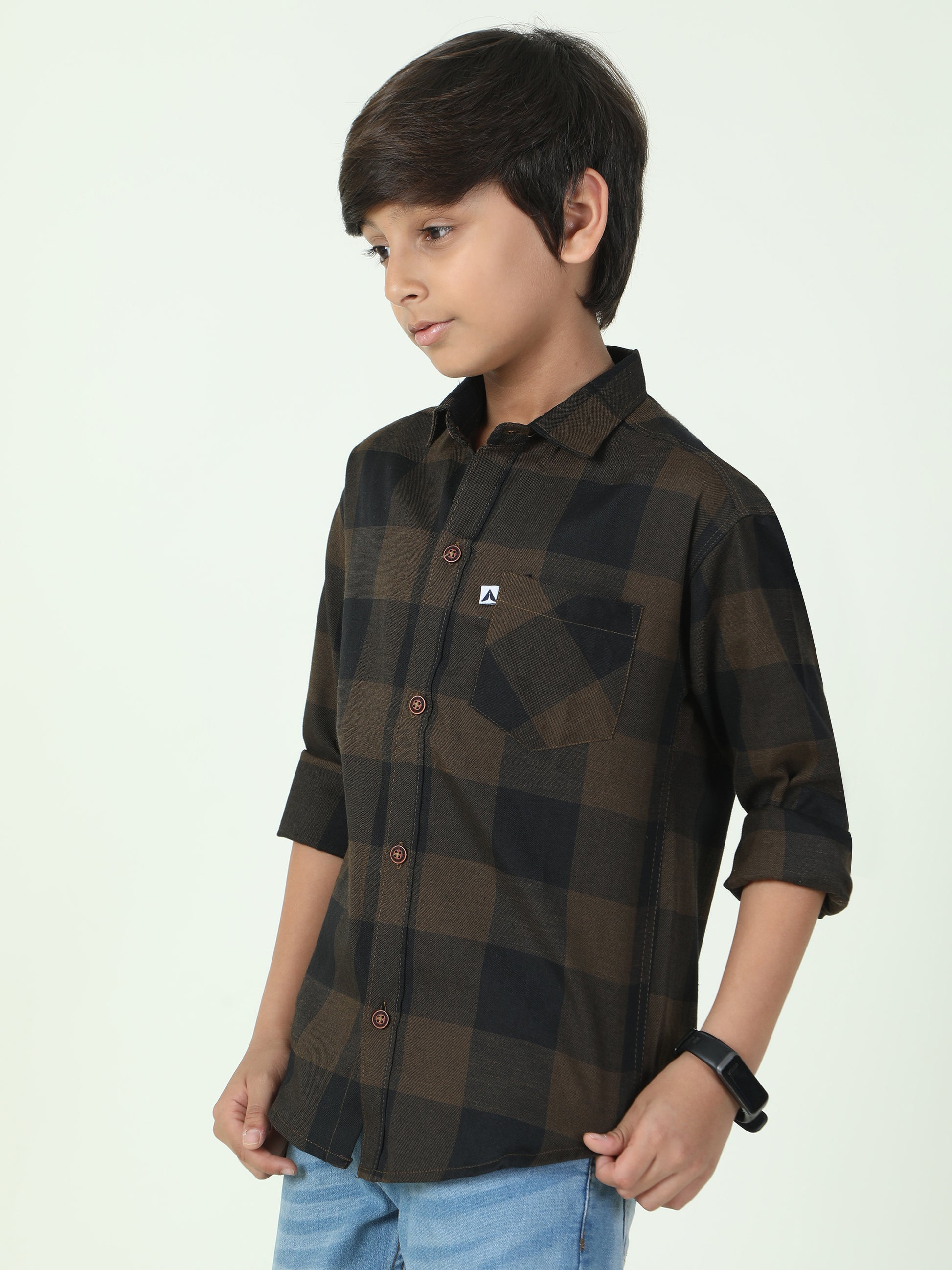 Tombom Cotton Blend Boys Brown Plaid Shirt