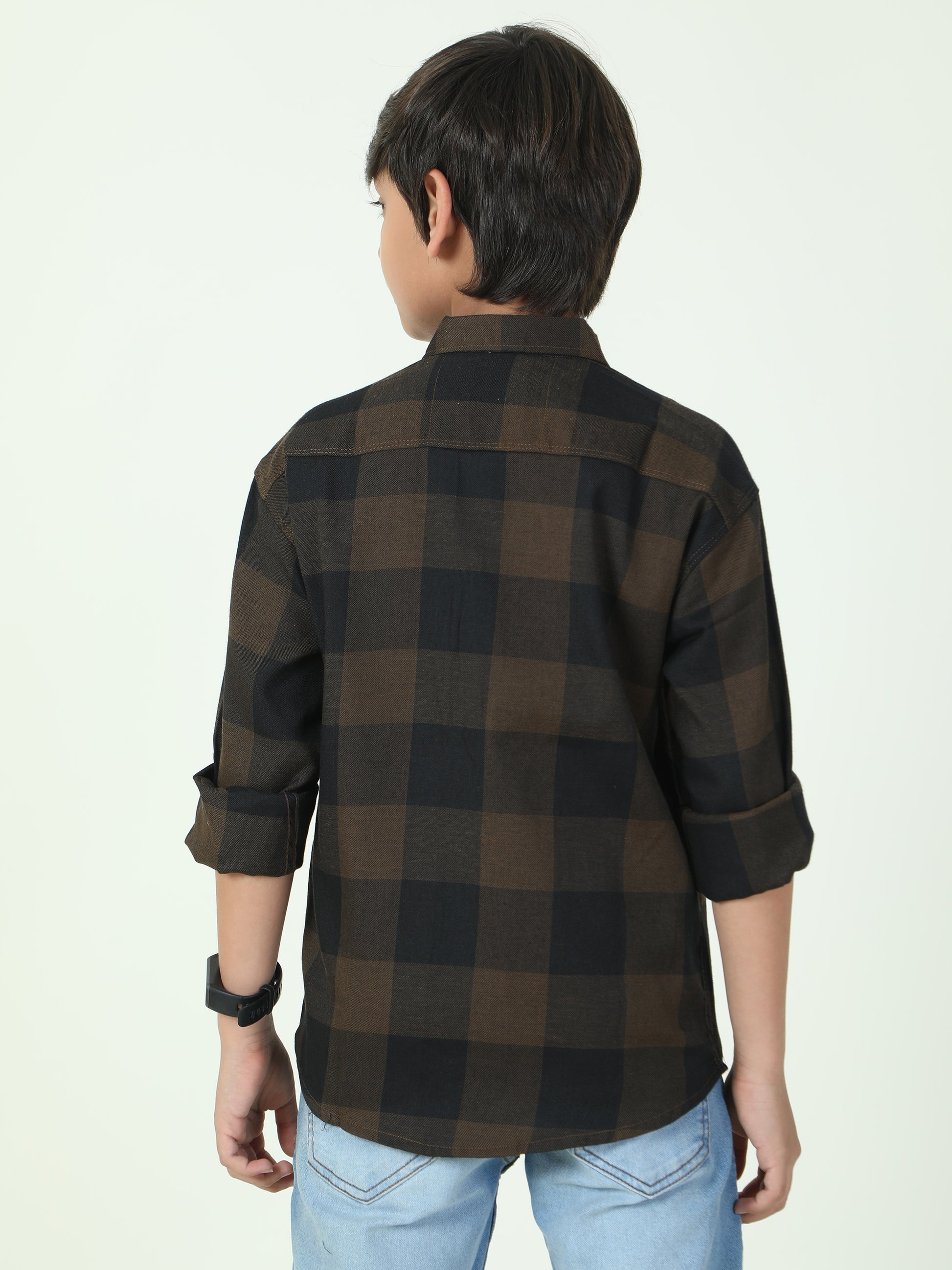 Tombom Cotton Blend Boys Brown Plaid Shirt