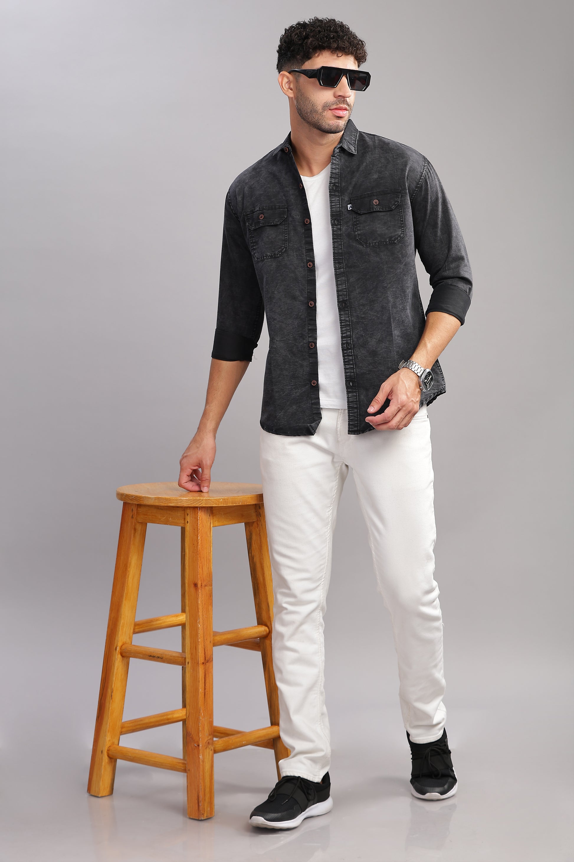 Cloud Wash Cut Away Collor Jet Black Denim Shirt For Men