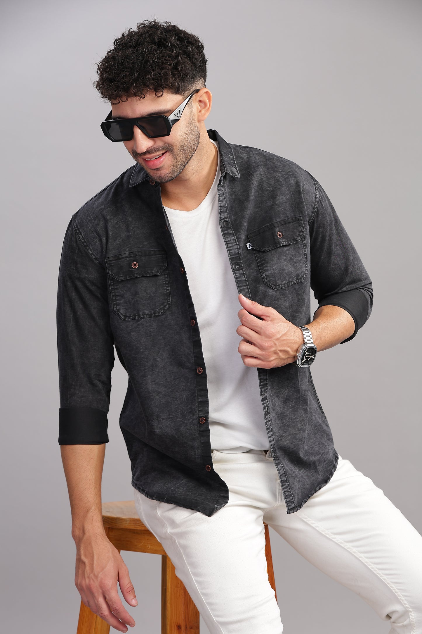 Cloud Wash Cut Away Collor Jet Black Denim Shirt For Men
