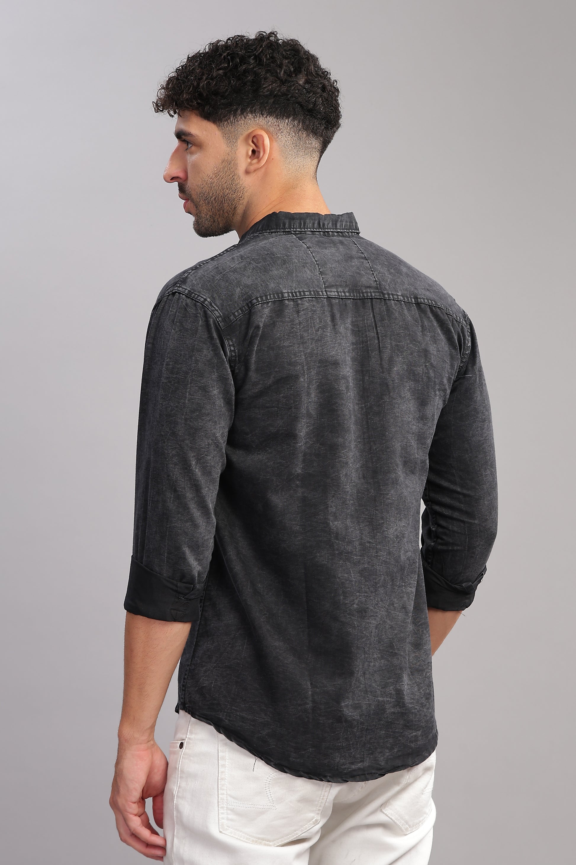 Cloud Wash Cut Away Collor Jet Black Denim Shirt For Men