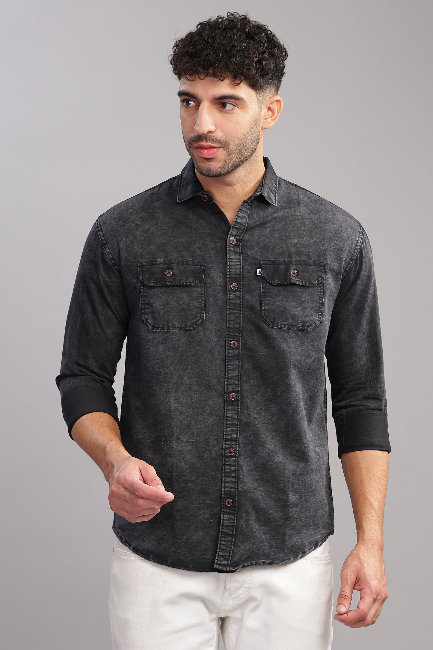 Cloud Wash Cut Away Collor Jet Black Denim Shirt For Men