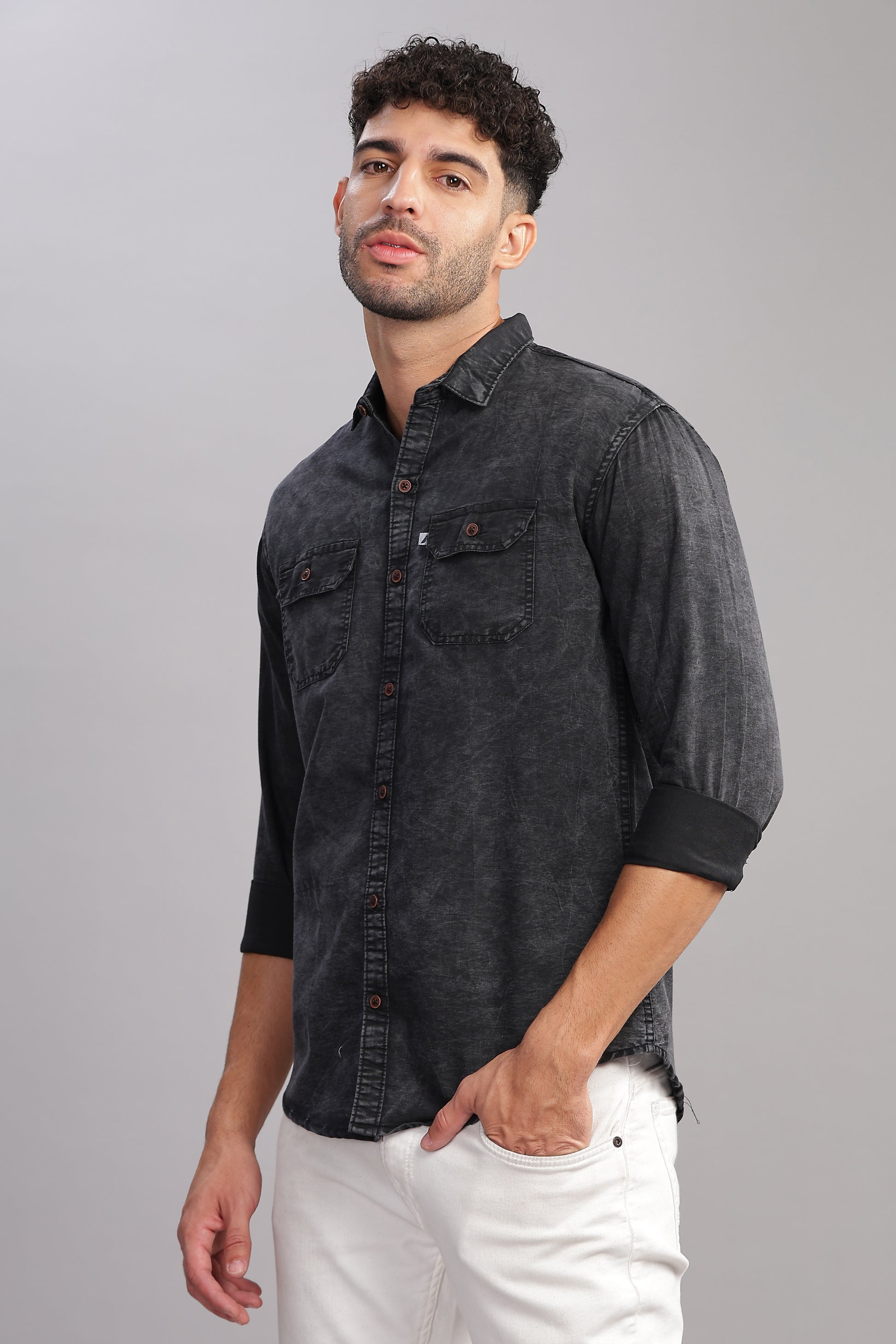 Cloud Wash Cut Away Collor Jet Black Denim Shirt For Men