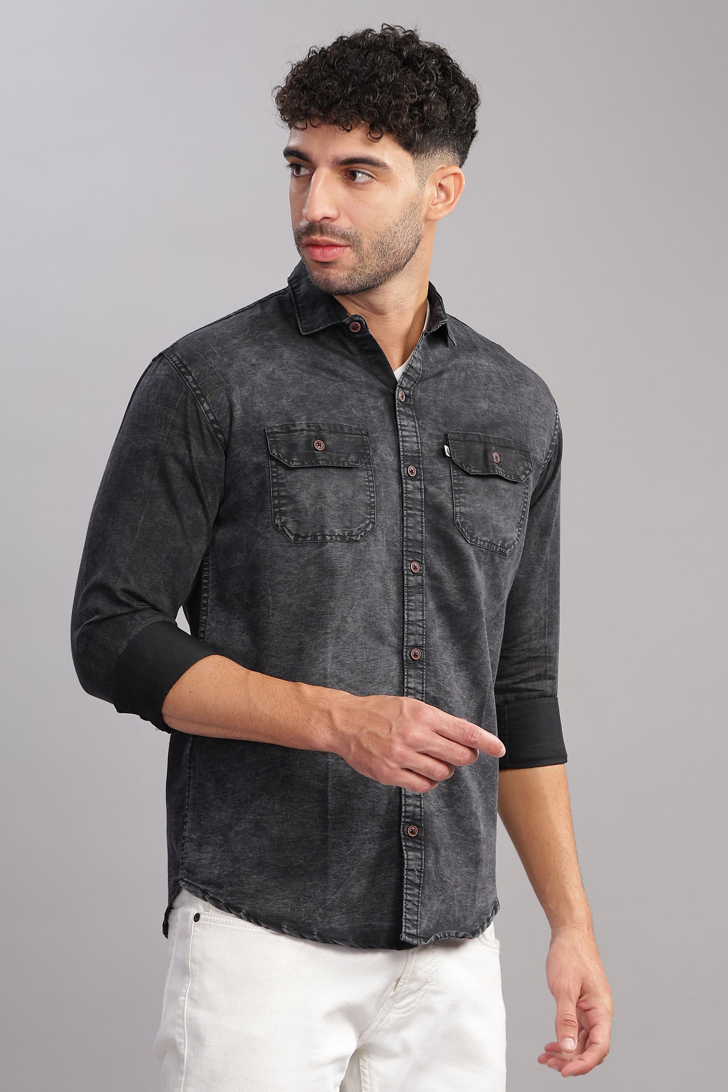 Cloud Wash Cut Away Collor Jet Black Denim Shirt For Men