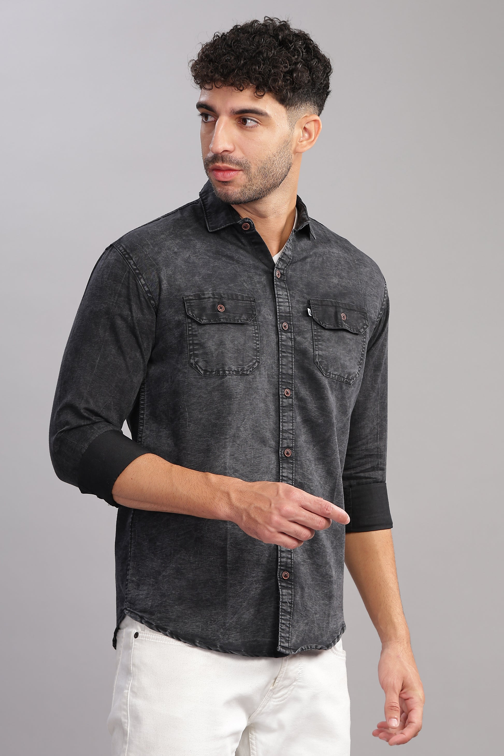 Cloud Wash Cut Away Collor Jet Black Denim Shirt For Men