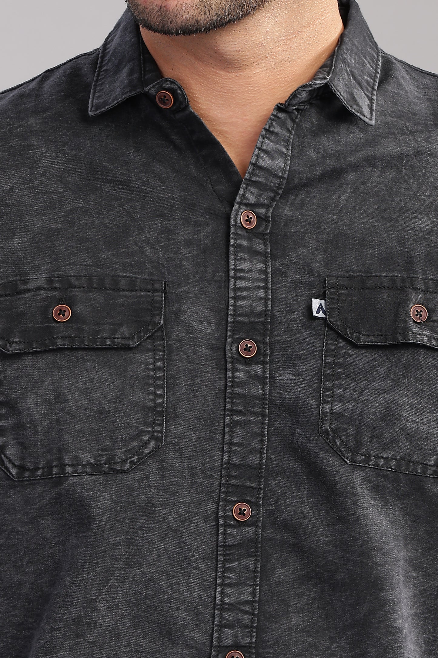 Cloud Wash Cut Away Collor Jet Black Denim Shirt For Men