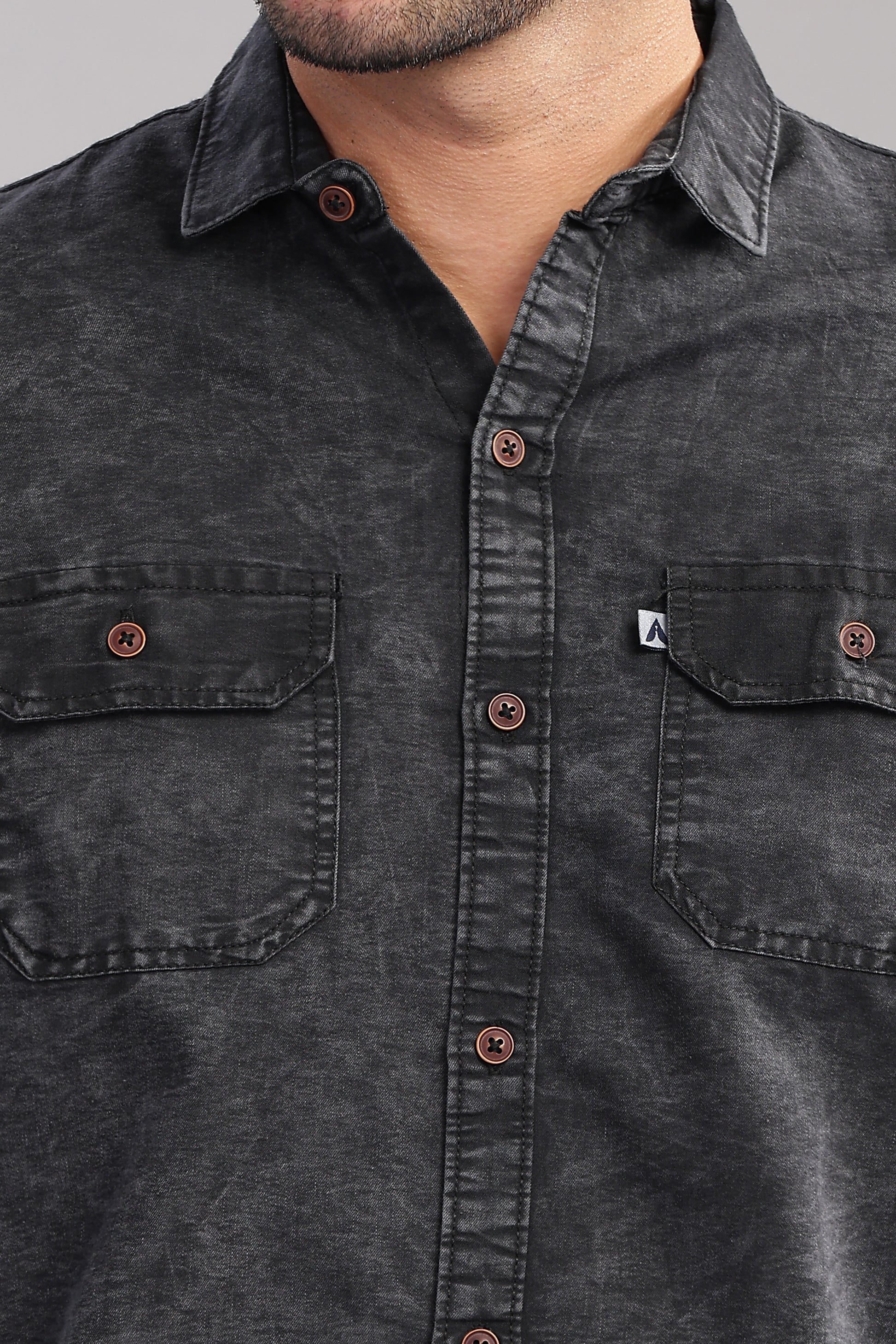 Cloud Wash Cut Away Collor Jet Black Denim Shirt For Men