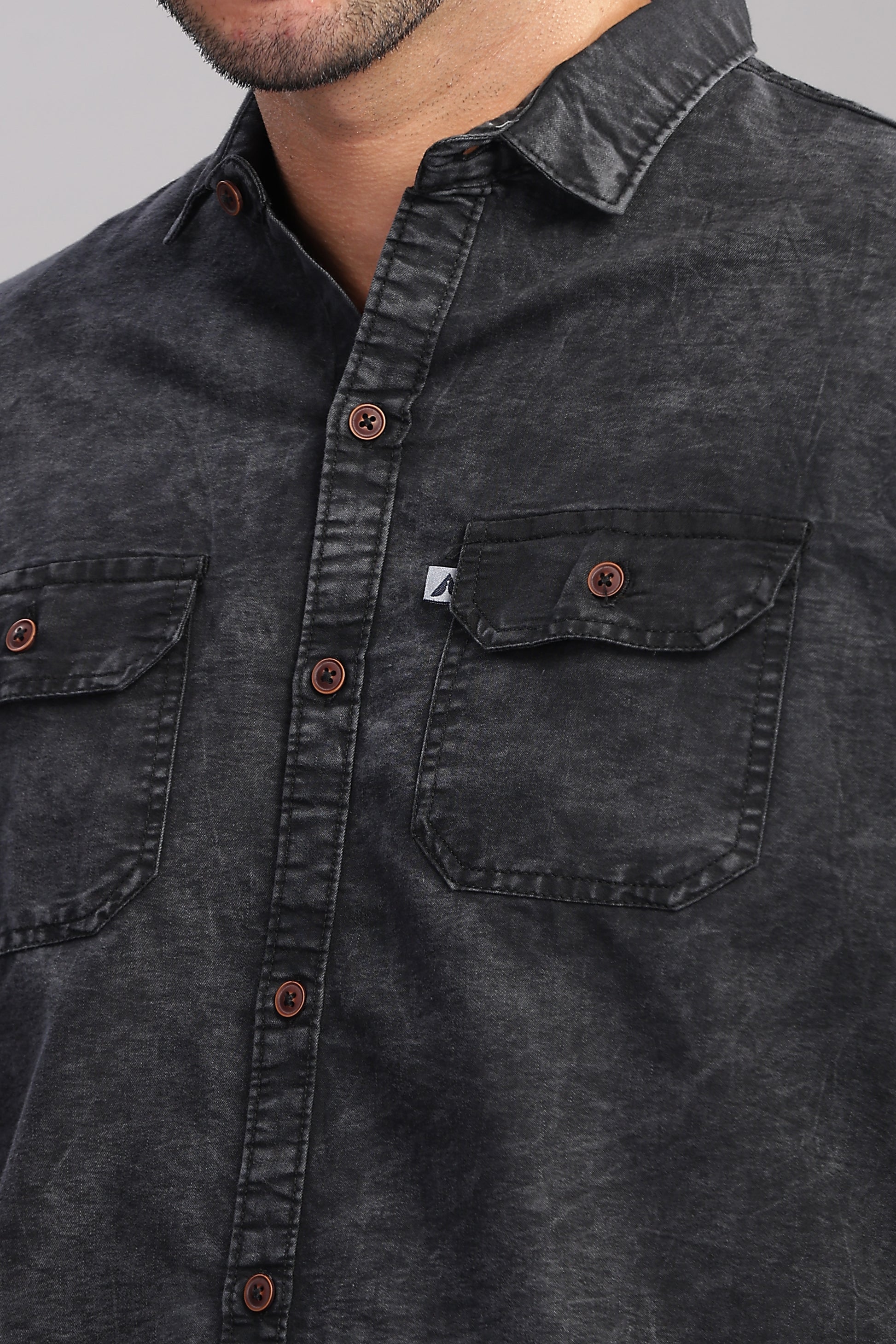 Cloud Wash Cut Away Collor Jet Black Denim Shirt For Men
