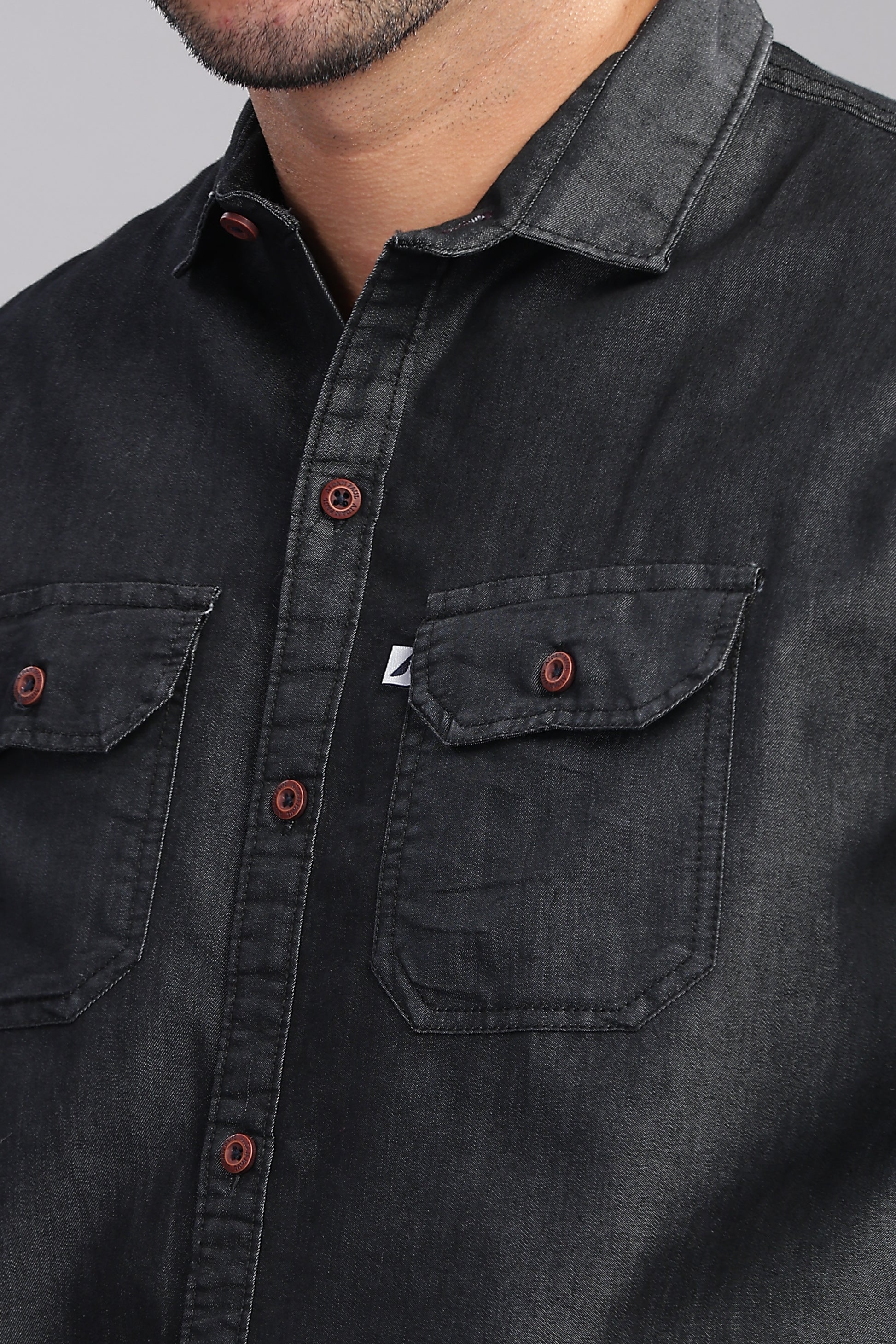 Double Pocket Cut Away Collor Solid Denim Shirts For Men