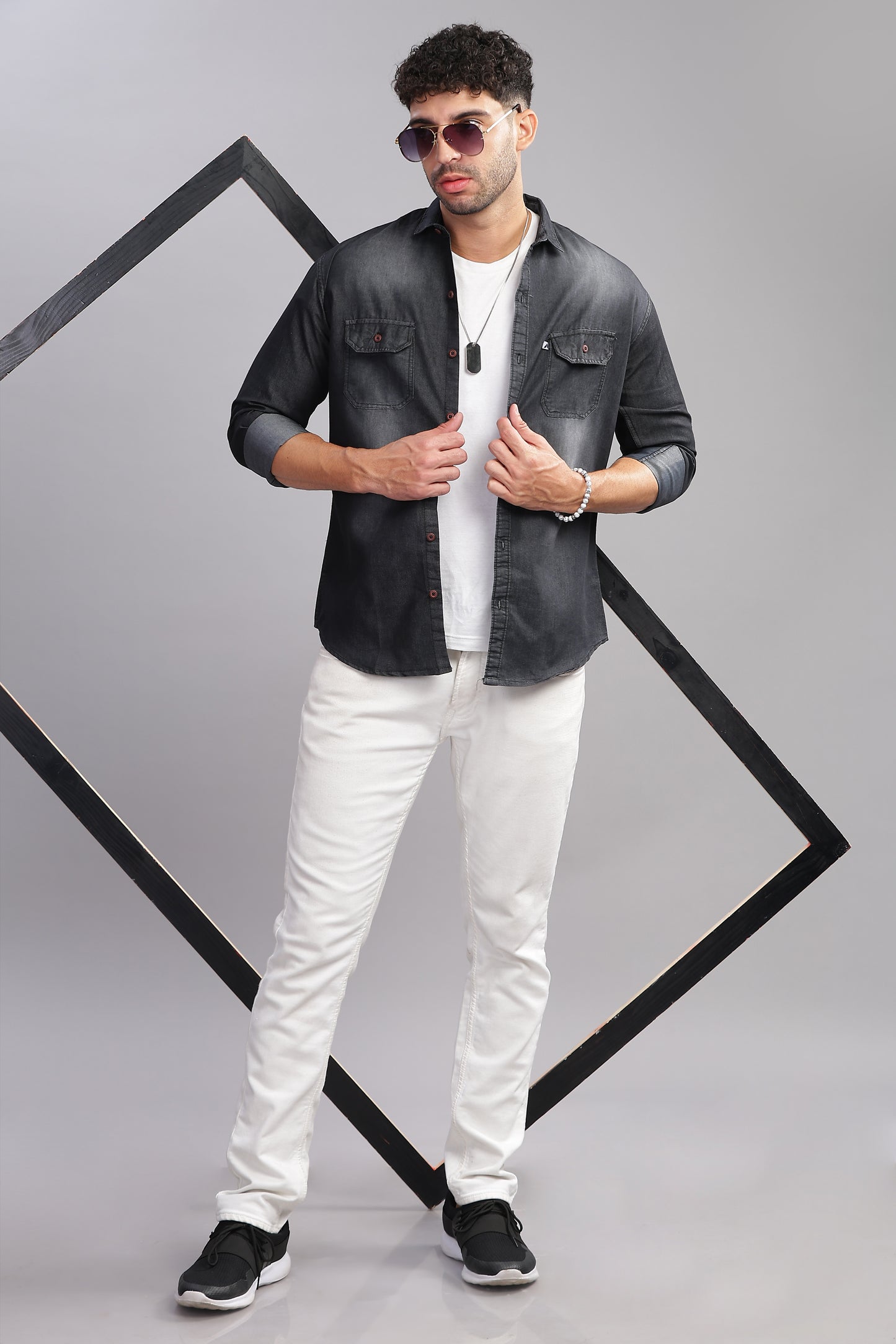 Shade Double Pocket Cut Away Collor Denim Shirt For Men