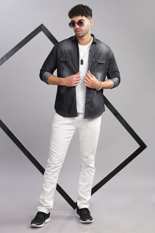 Shade Double Pocket Cut Away Collor Denim Shirt For Men
