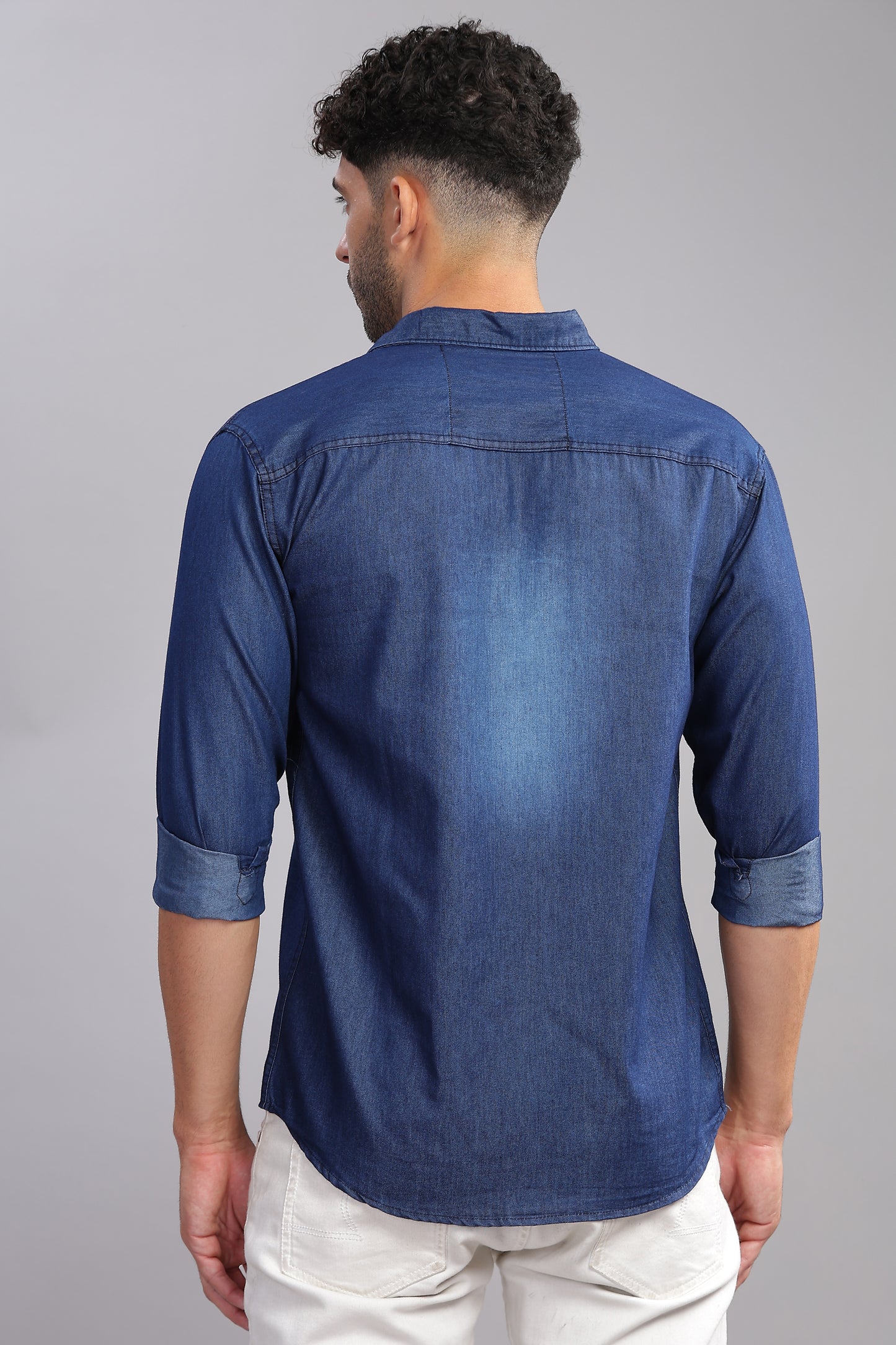 Dark Shade Double Pocket Cut Away Collor Denim Shirt For Men