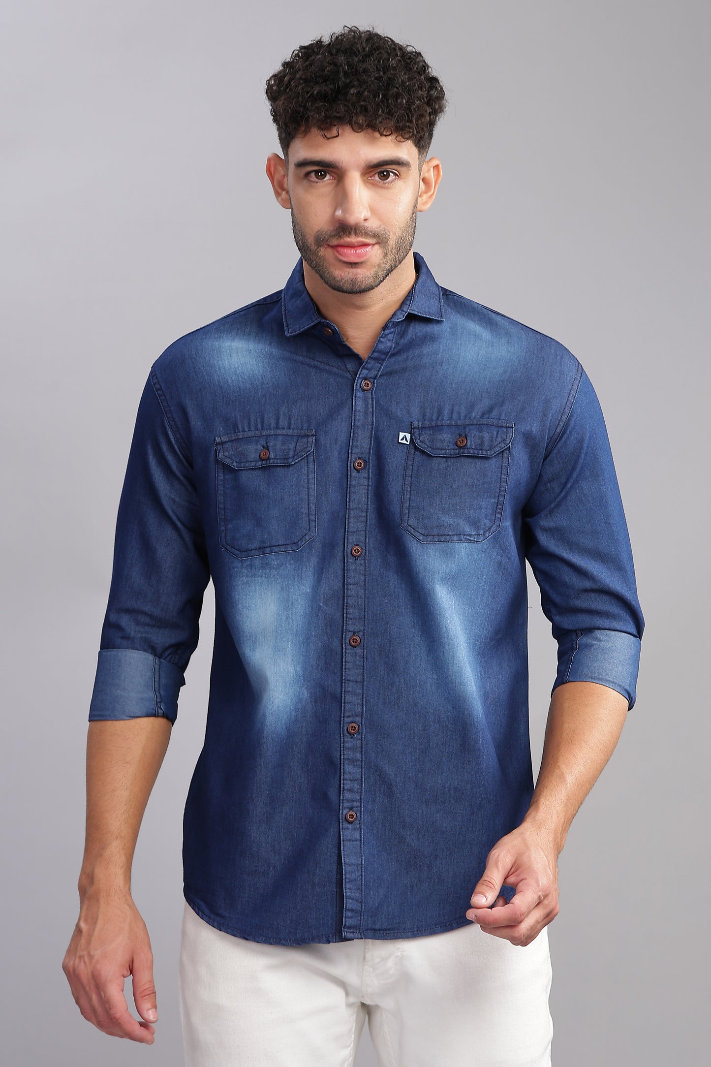 Dark Shade Double Pocket Cut Away Collor Denim Shirt For Men