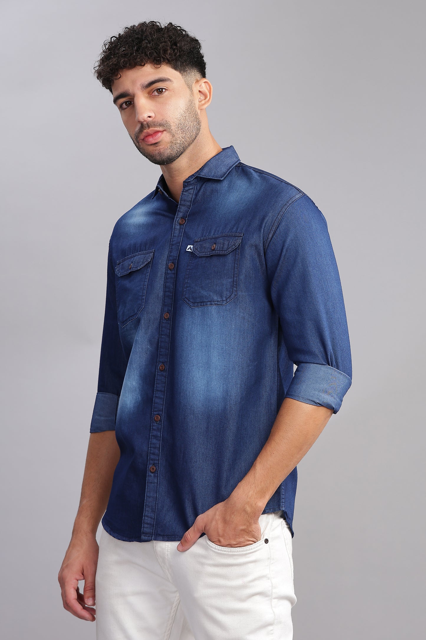 Dark Shade Double Pocket Cut Away Collor Denim Shirt For Men
