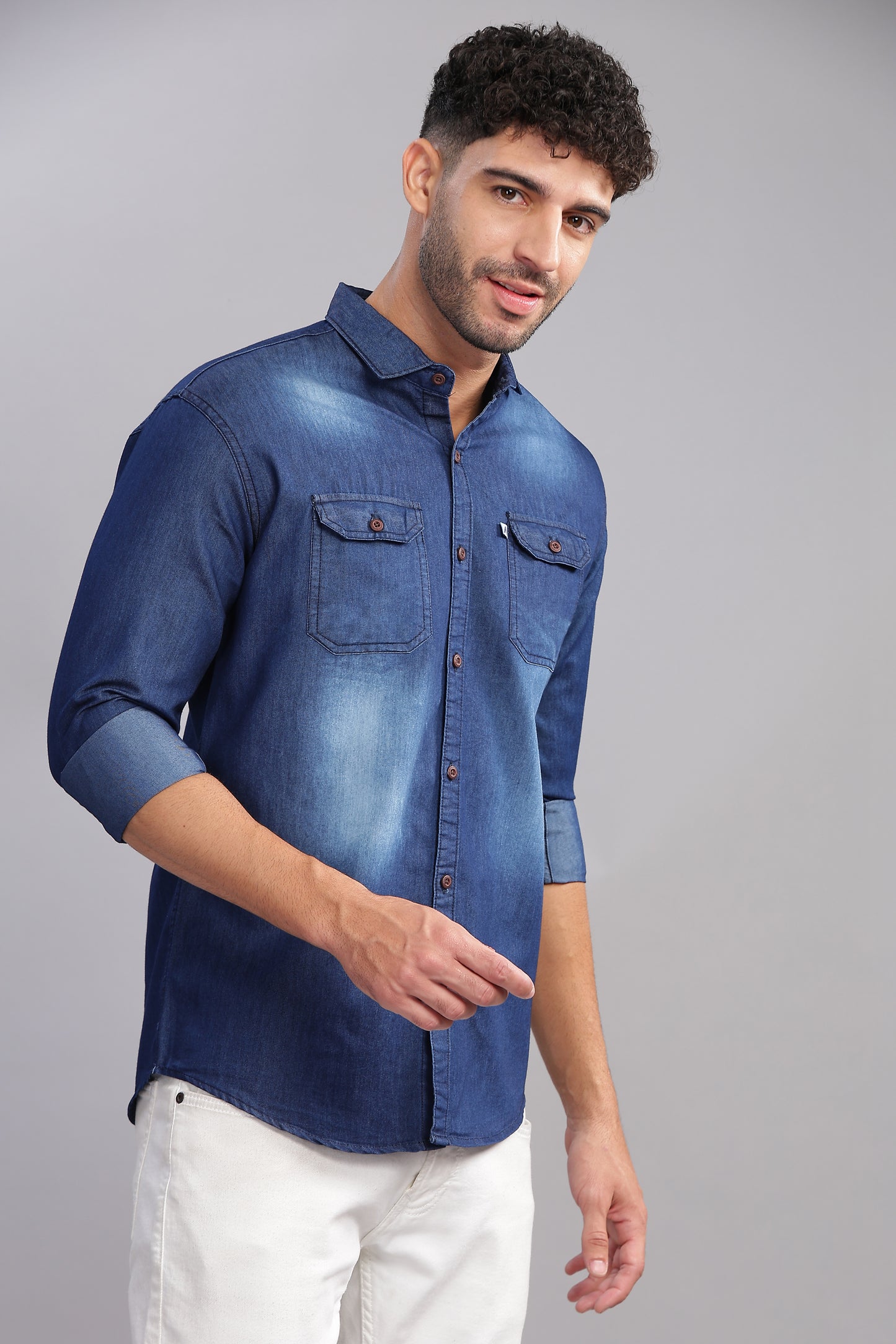 Dark Shade Double Pocket Cut Away Collor Denim Shirt For Men