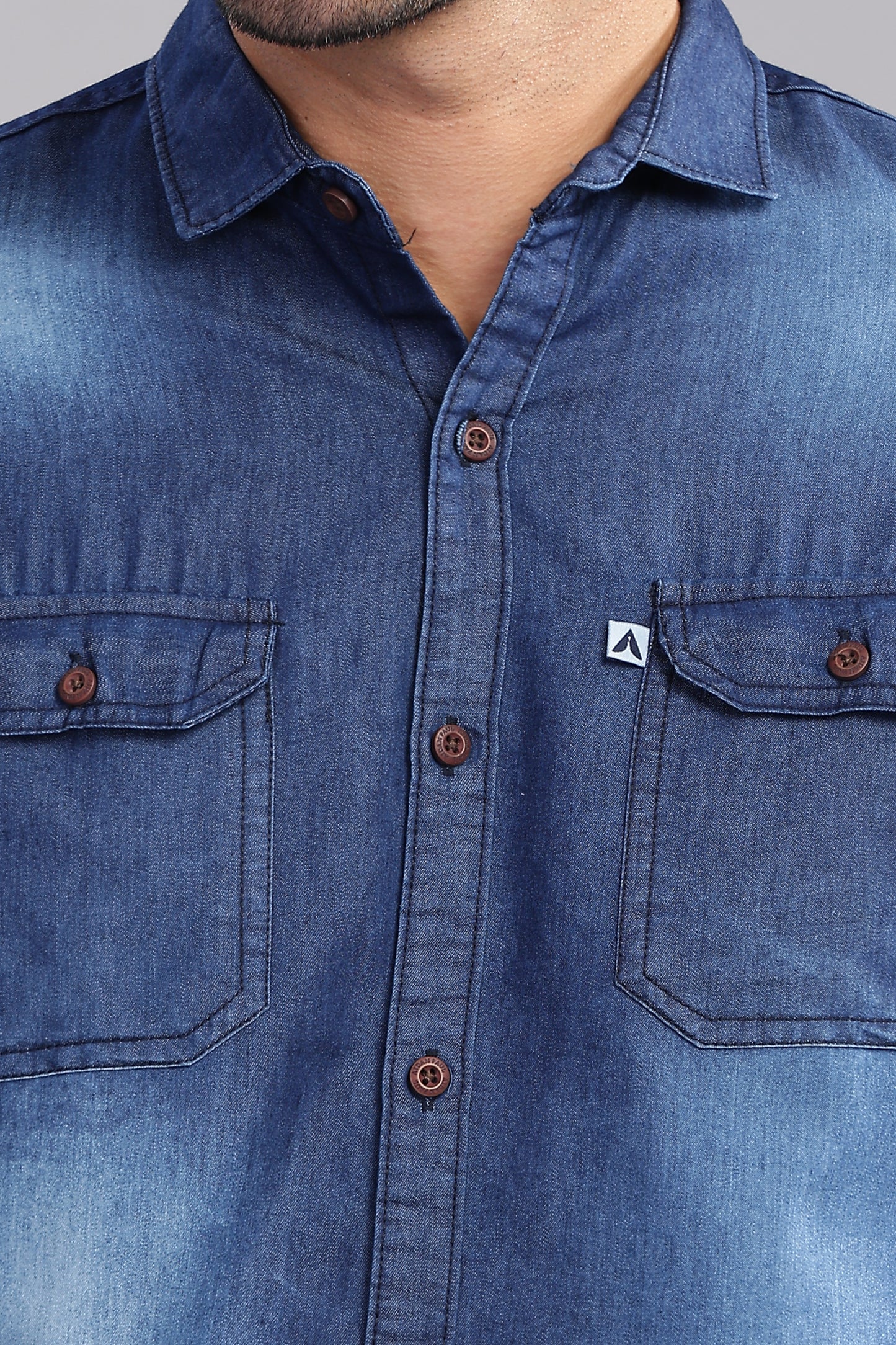 Dark Shade Double Pocket Cut Away Collor Denim Shirt For Men