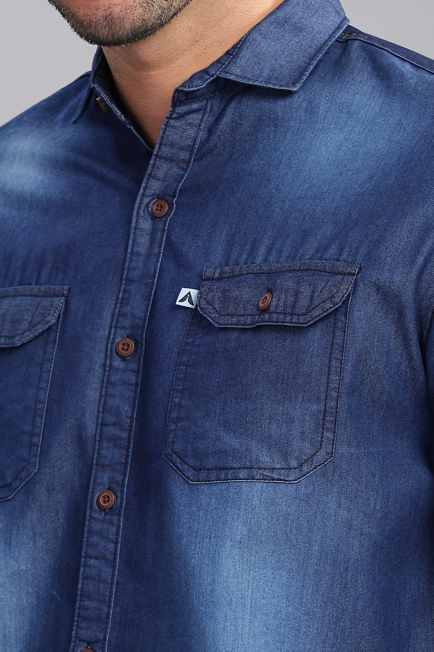 Dark Shade Double Pocket Cut Away Collor Denim Shirt For Men