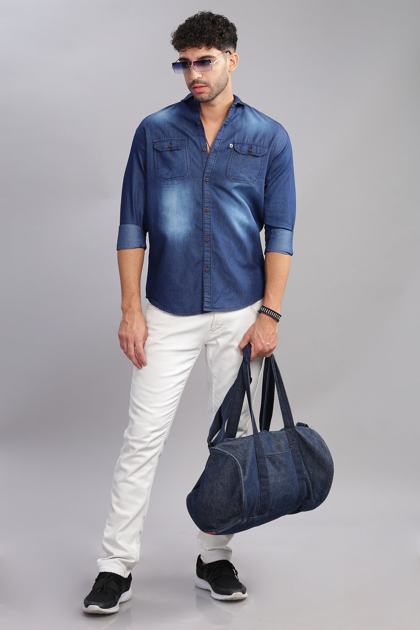 Dark Shade Double Pocket Cut Away Collor Denim Shirt For Men