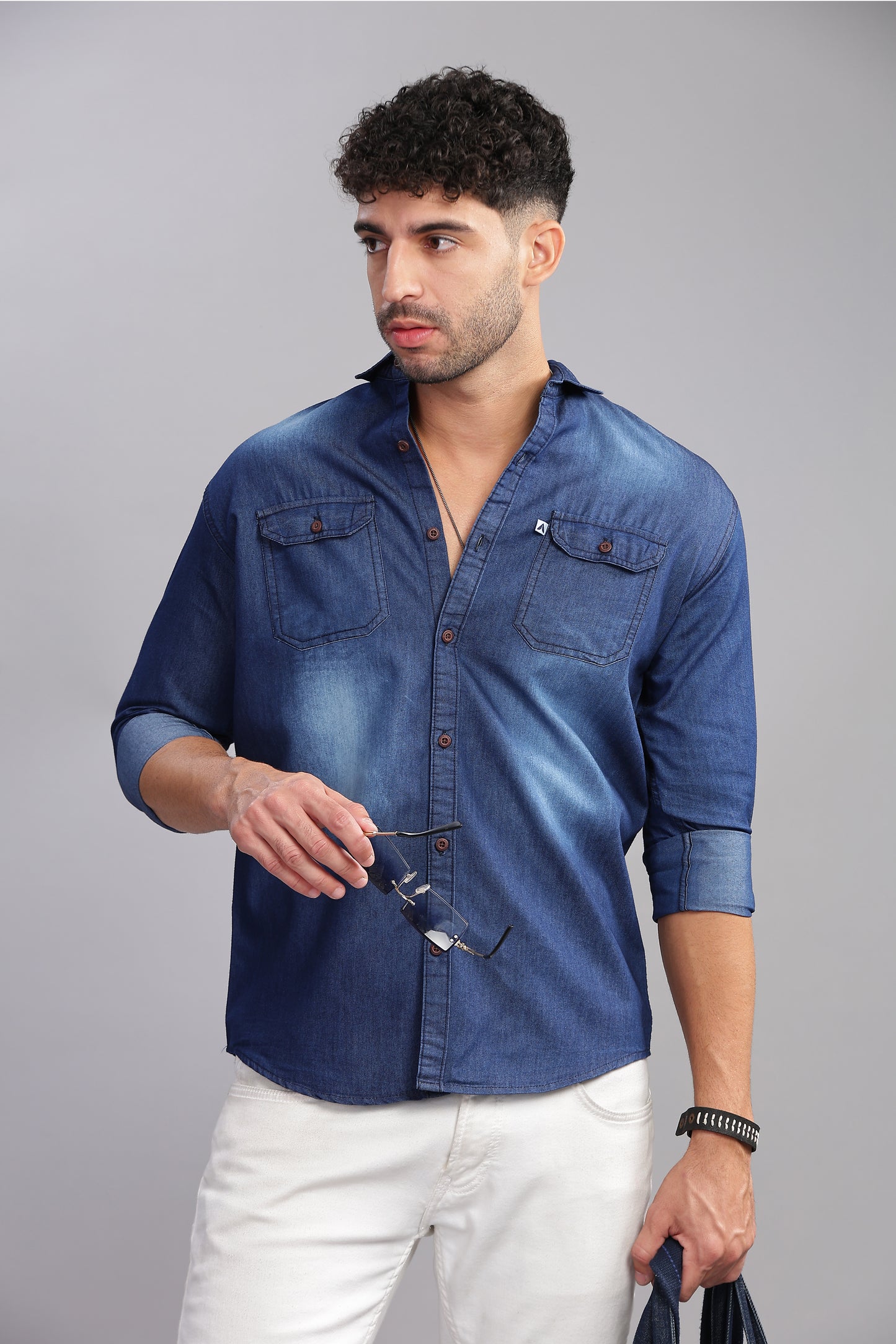 Dark Shade Double Pocket Cut Away Collor Denim Shirt For Men