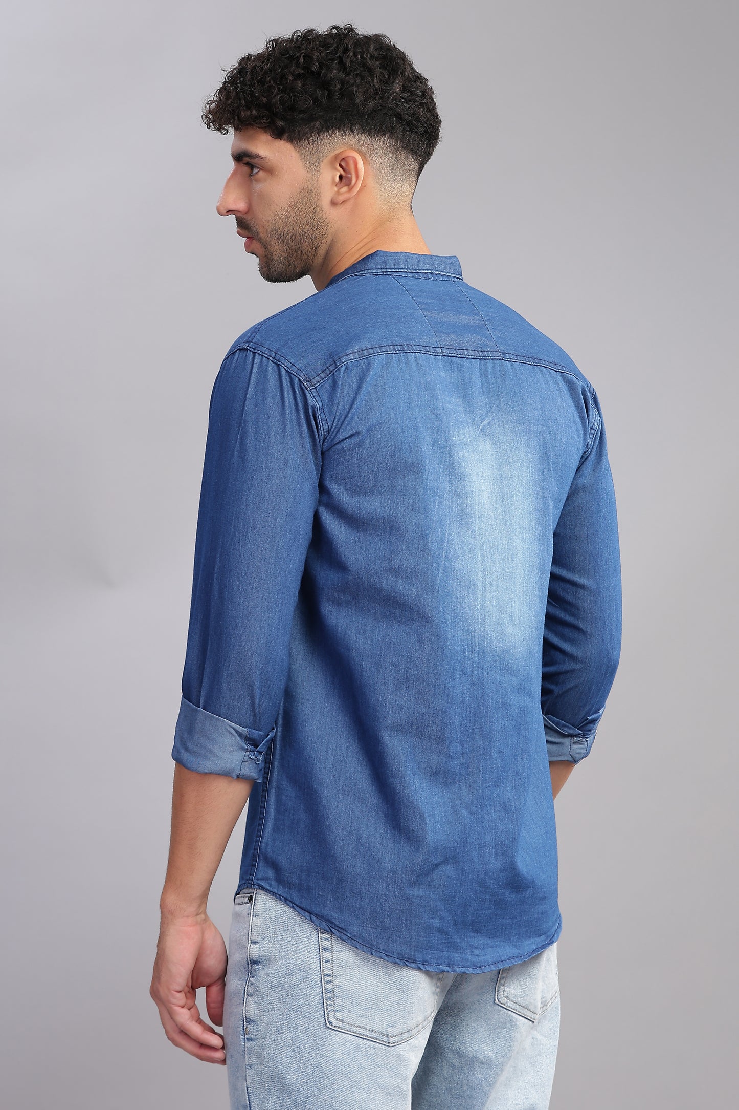 Solid Plain Double Pocket Cut Away Collor Blue Denim Shirt For Men