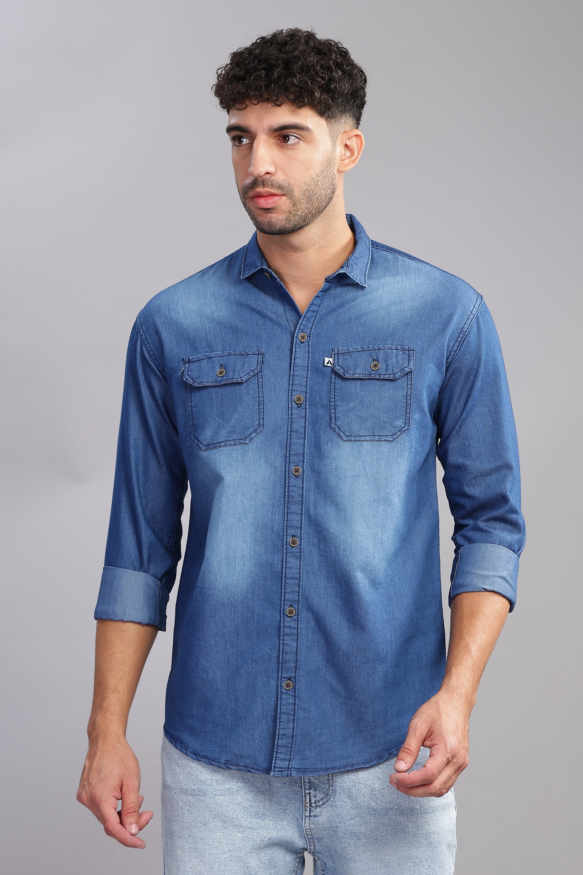 Solid Plain Double Pocket Cut Away Collor Blue Denim Shirt For Men