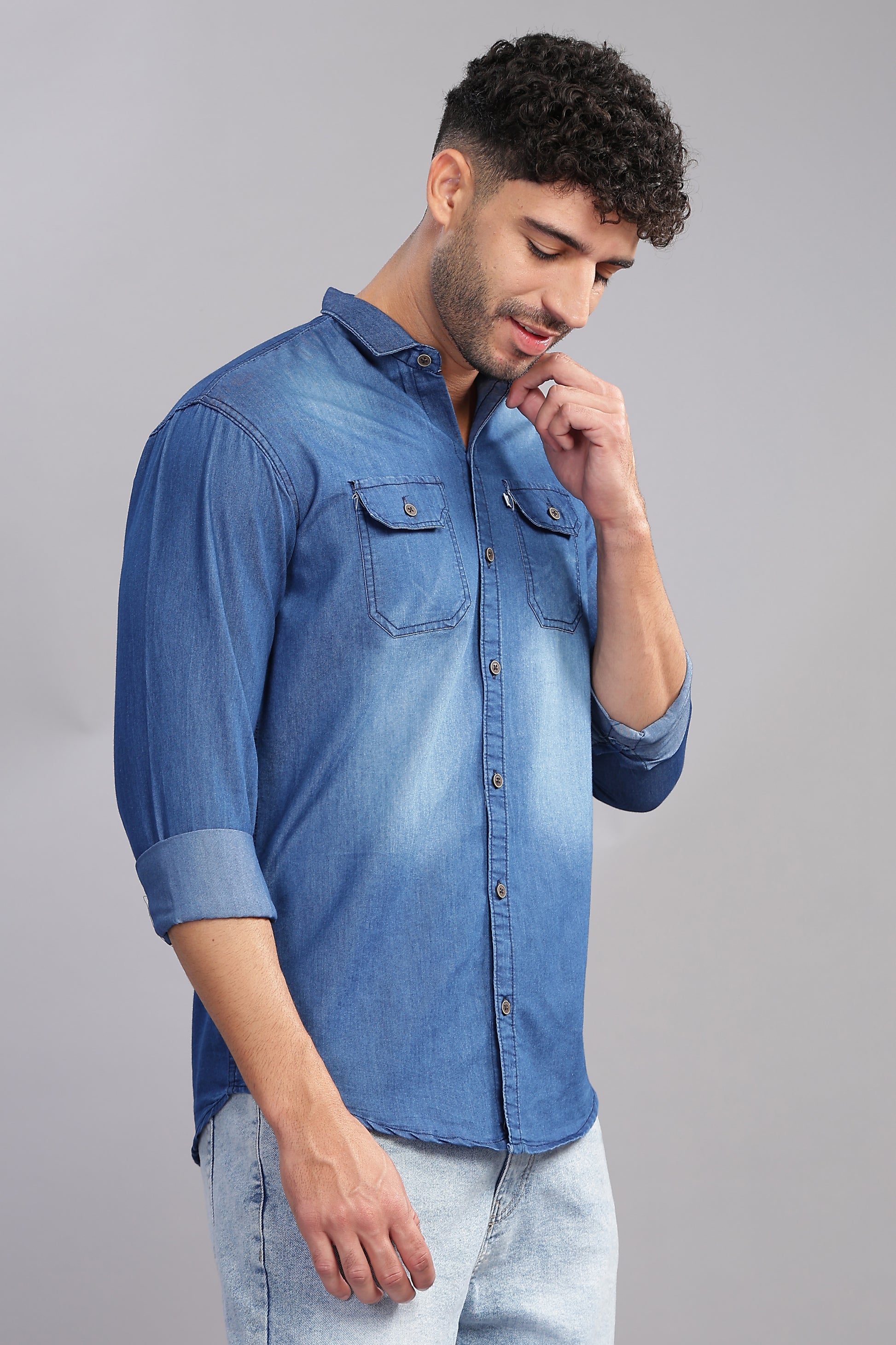 Solid Plain Double Pocket Cut Away Collor Blue Denim Shirt For Men