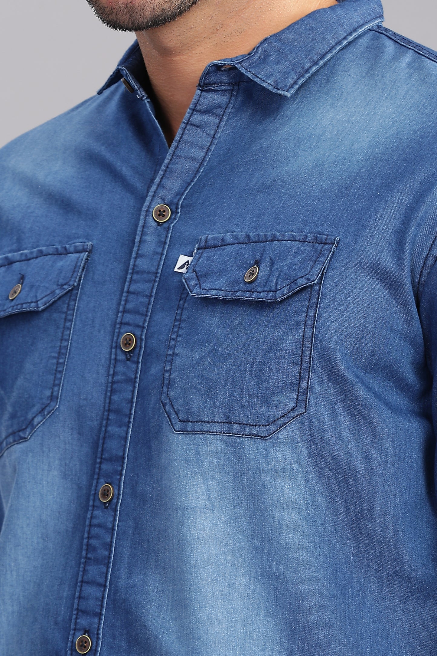 Solid Plain Double Pocket Cut Away Collor Blue Denim Shirt For Men