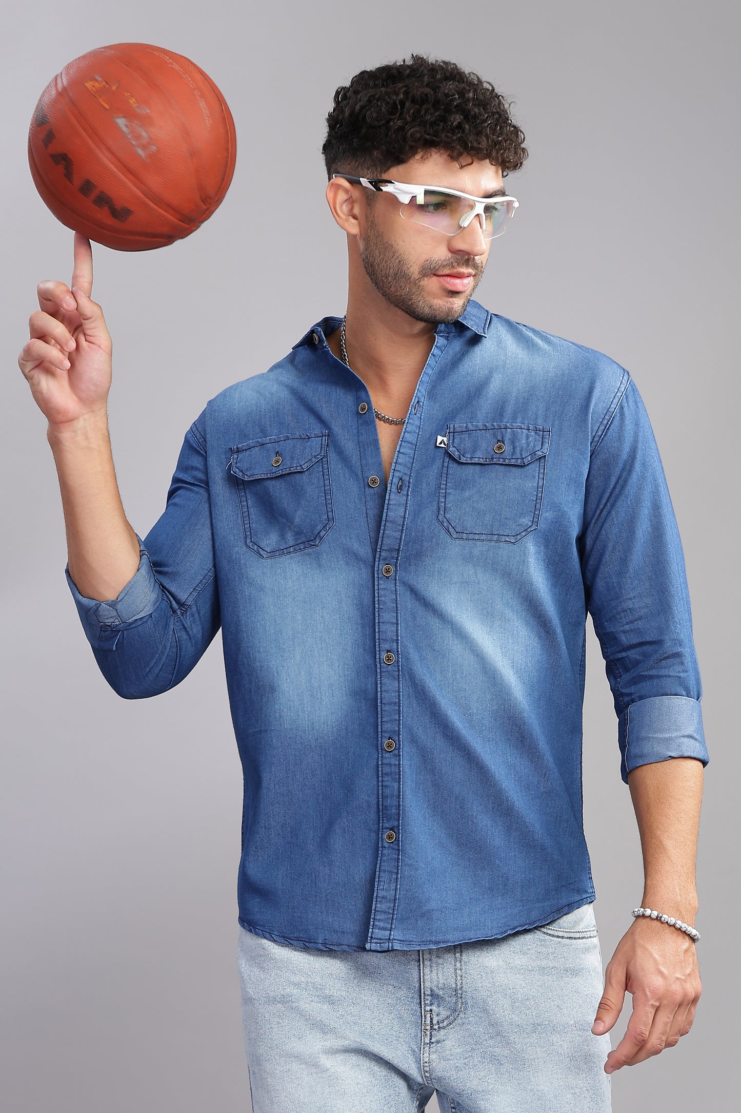 Solid Plain Double Pocket Cut Away Collor Blue Denim Shirt For Men