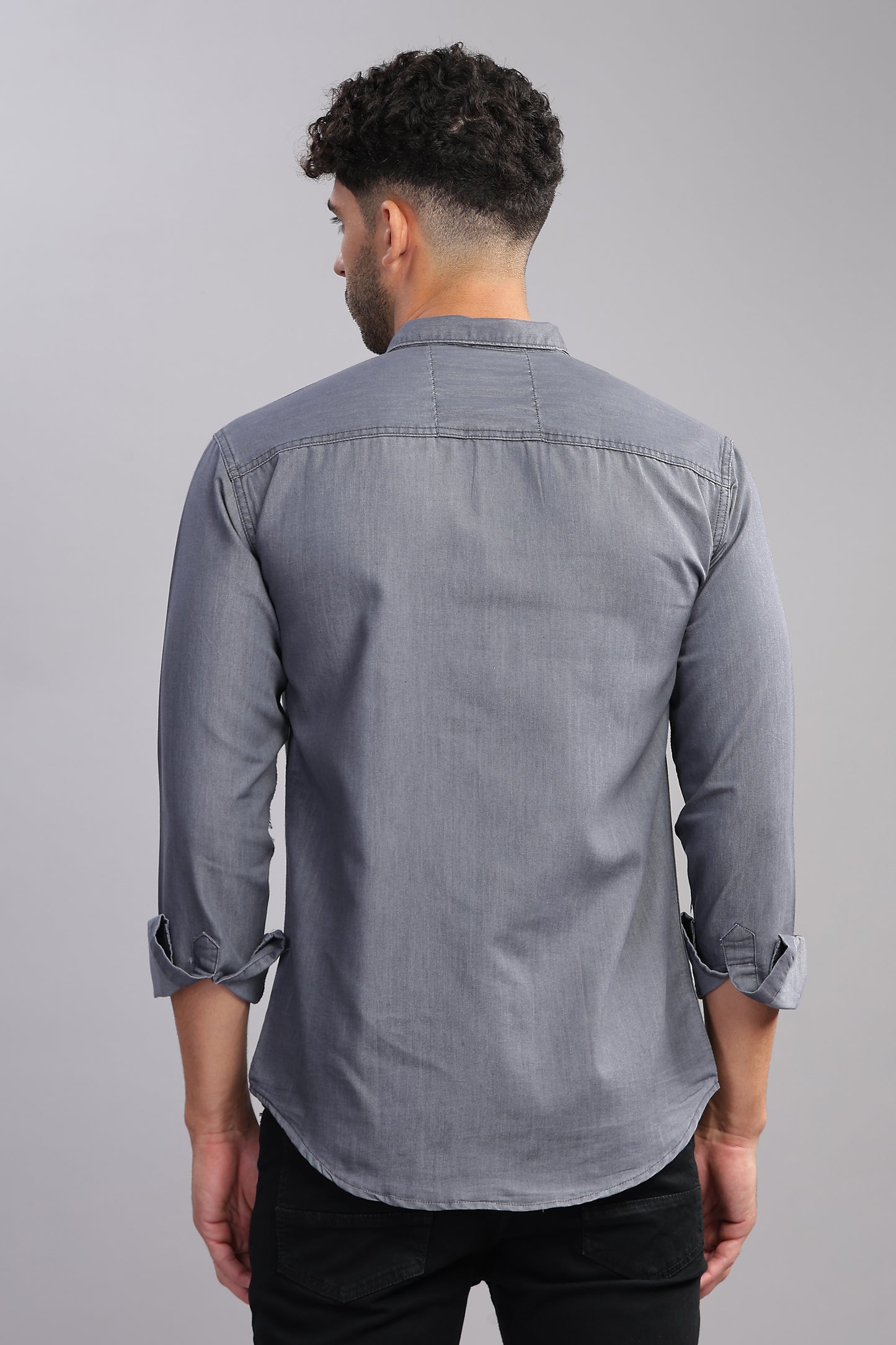Solid Plain Double Pocket Cut Away Collor Denim Shirt For Men