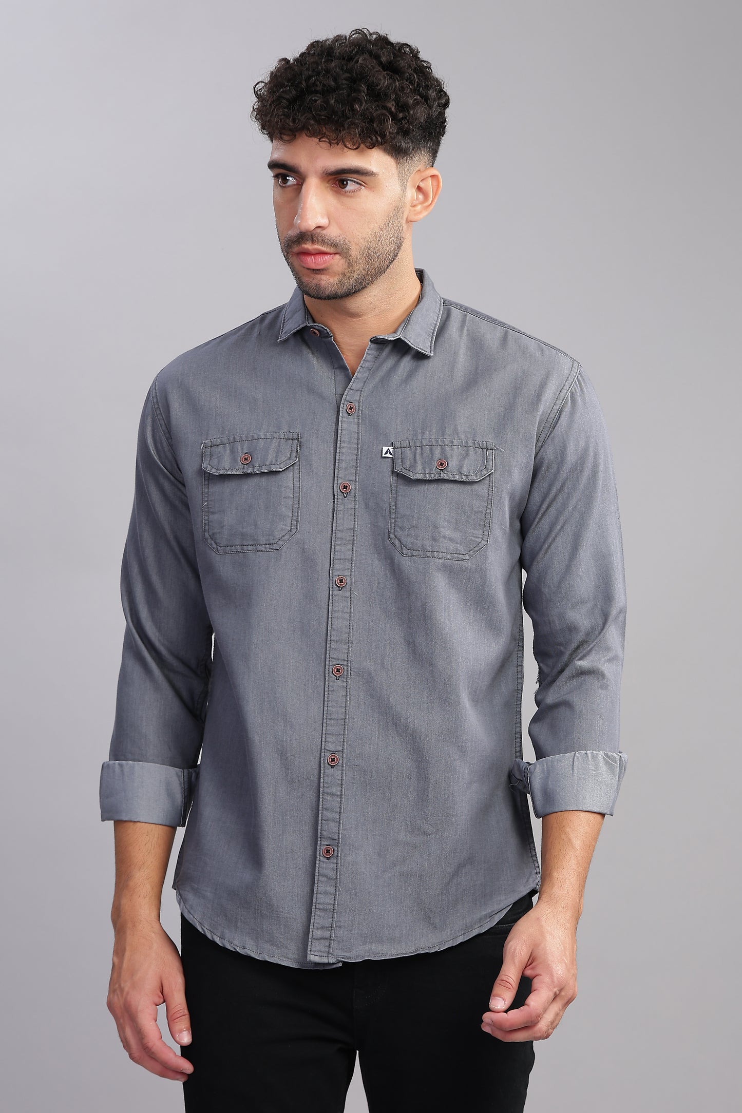 Solid Plain Double Pocket Cut Away Collor Denim Shirt For Men