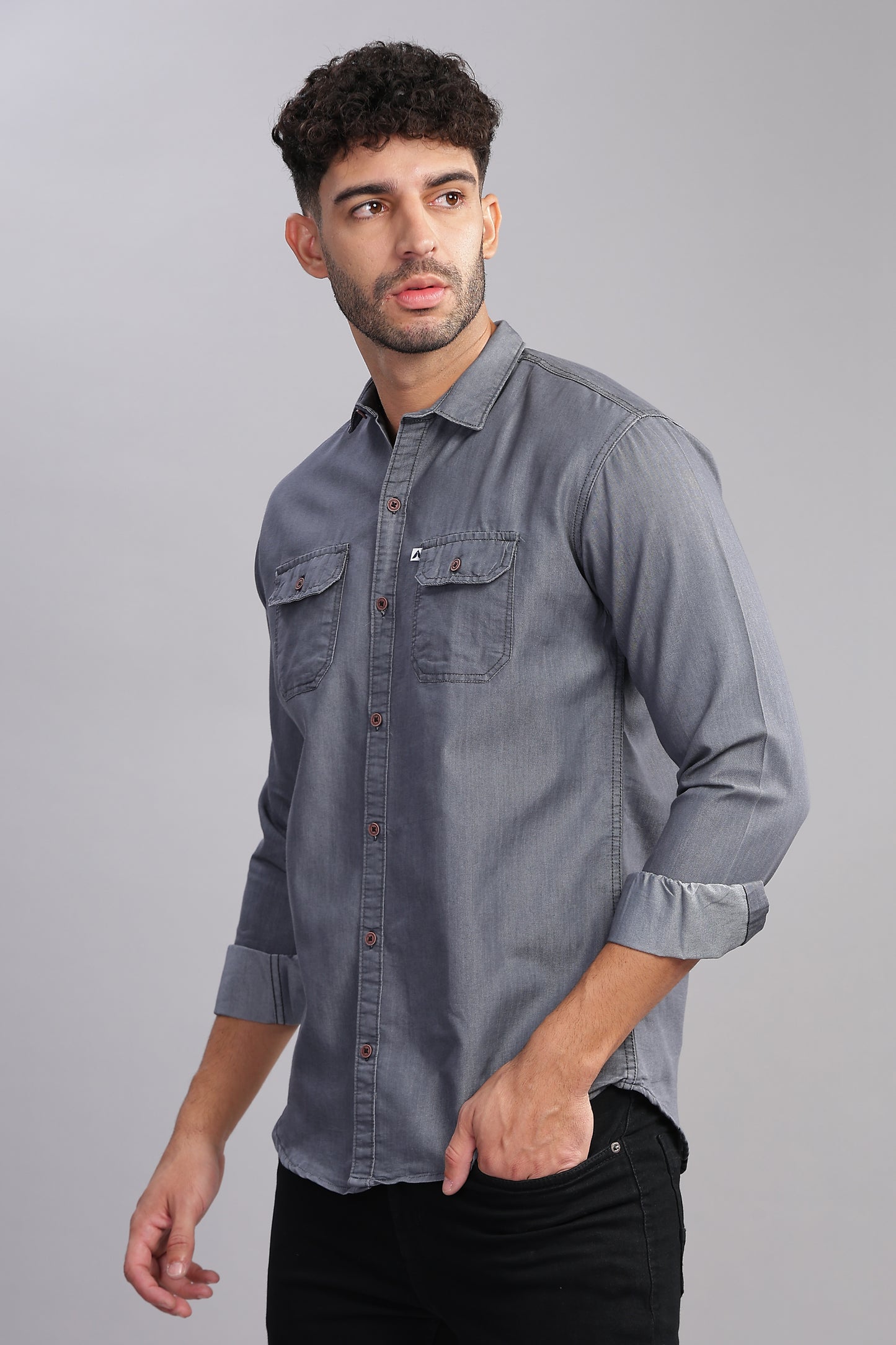 Solid Plain Double Pocket Cut Away Collor Denim Shirt For Men