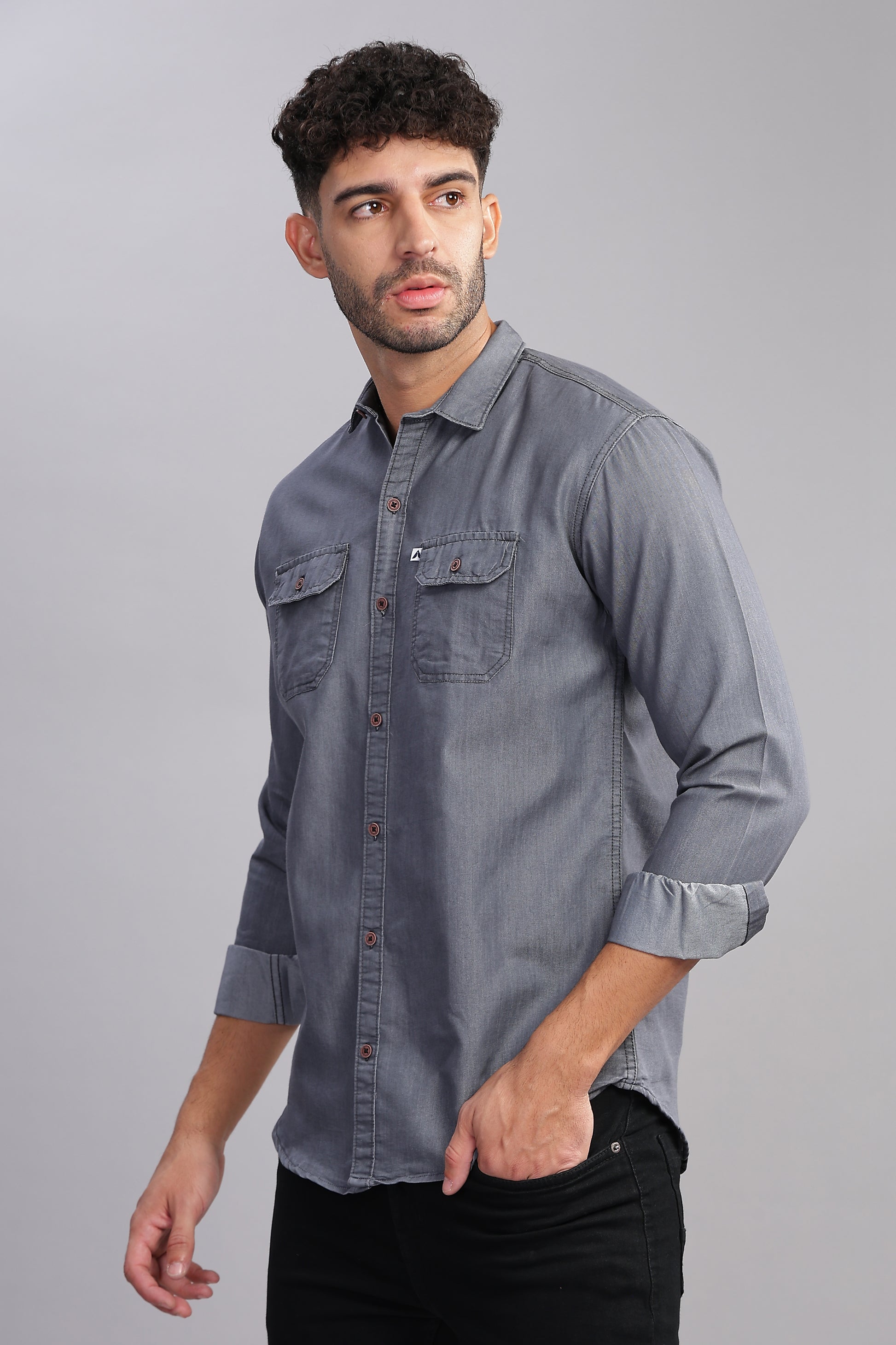 Solid Plain Double Pocket Cut Away Collor Denim Shirt For Men