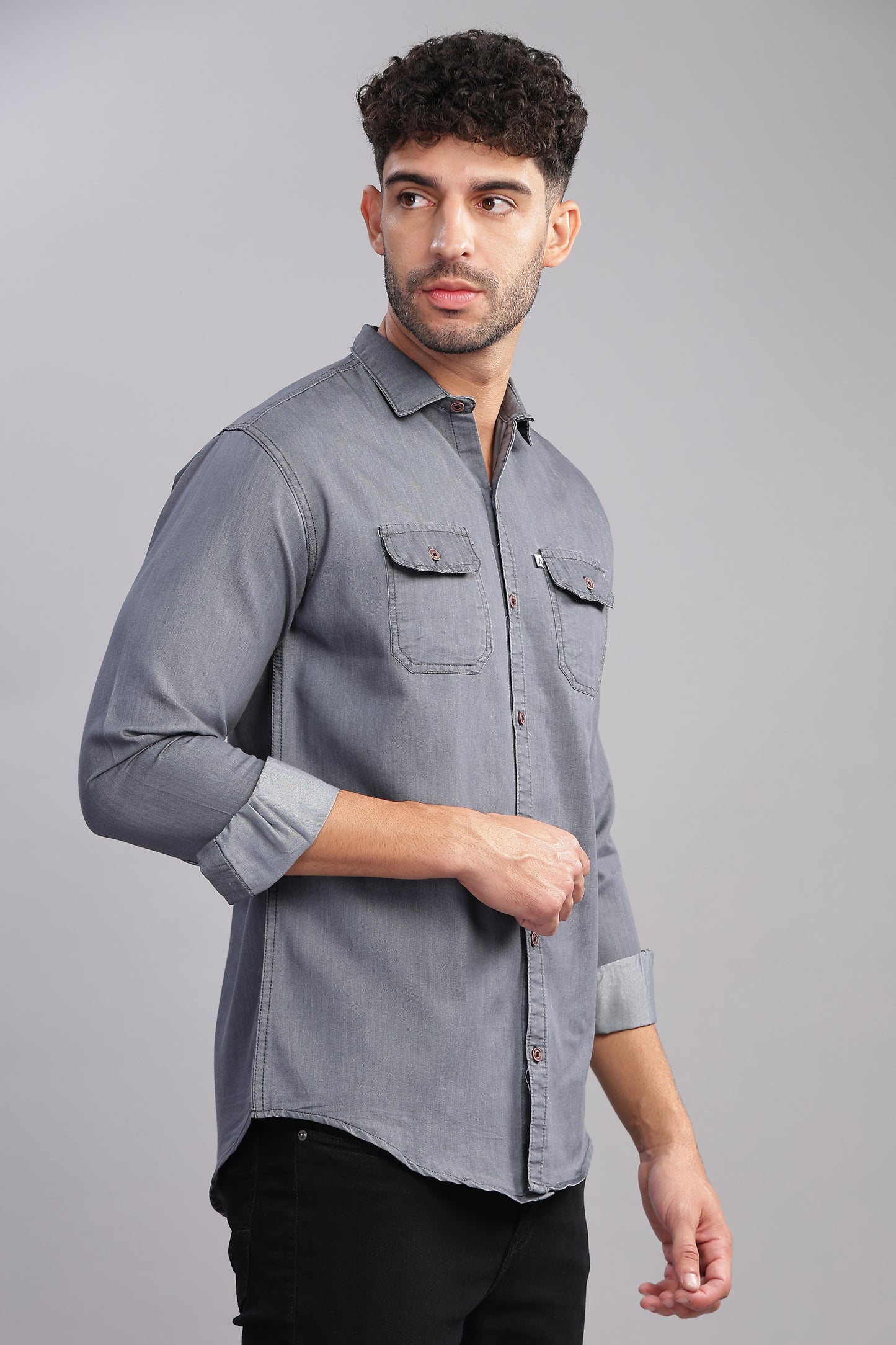 Solid Plain Double Pocket Cut Away Collor Denim Shirt For Men