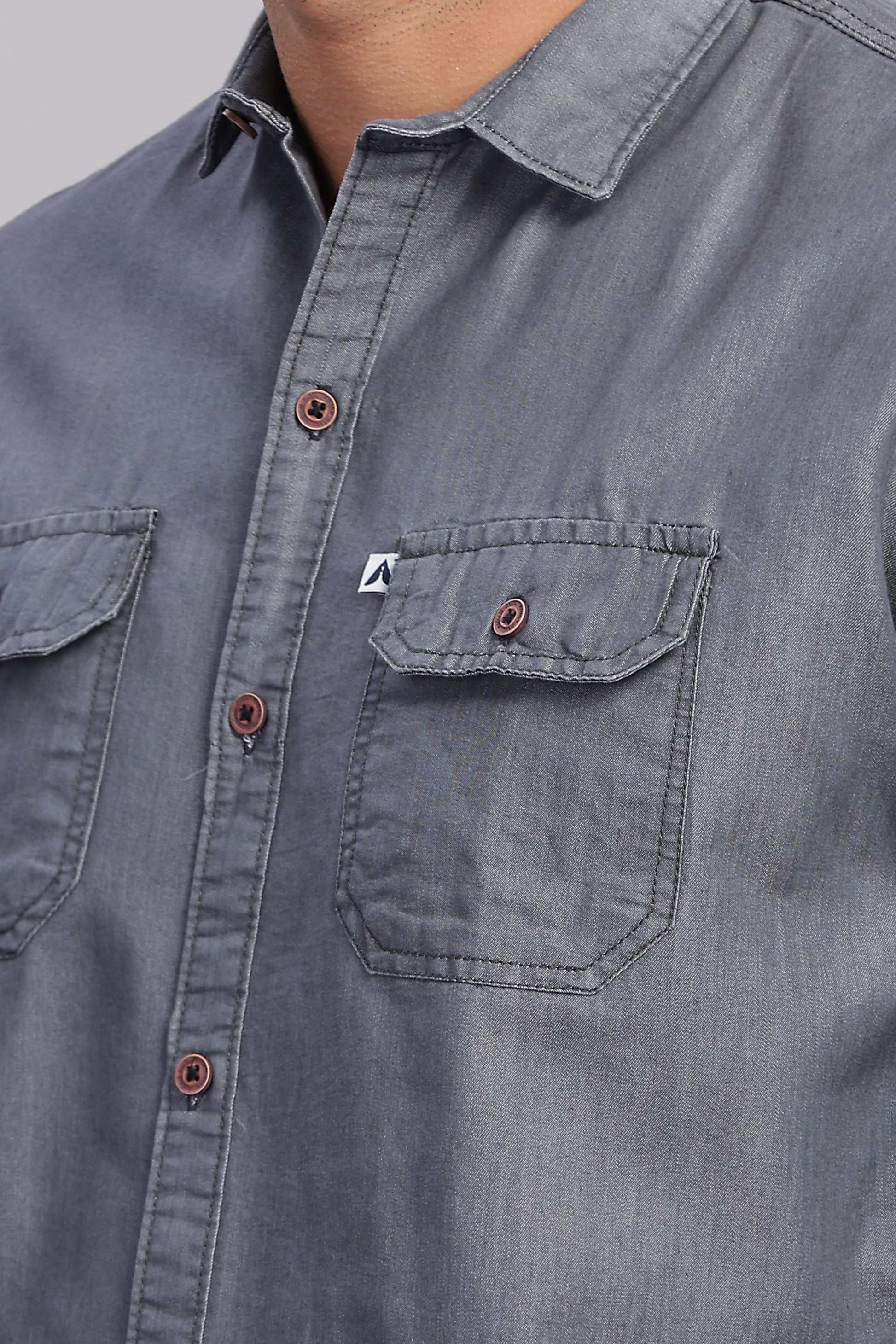 Solid Plain Double Pocket Cut Away Collor Denim Shirt For Men