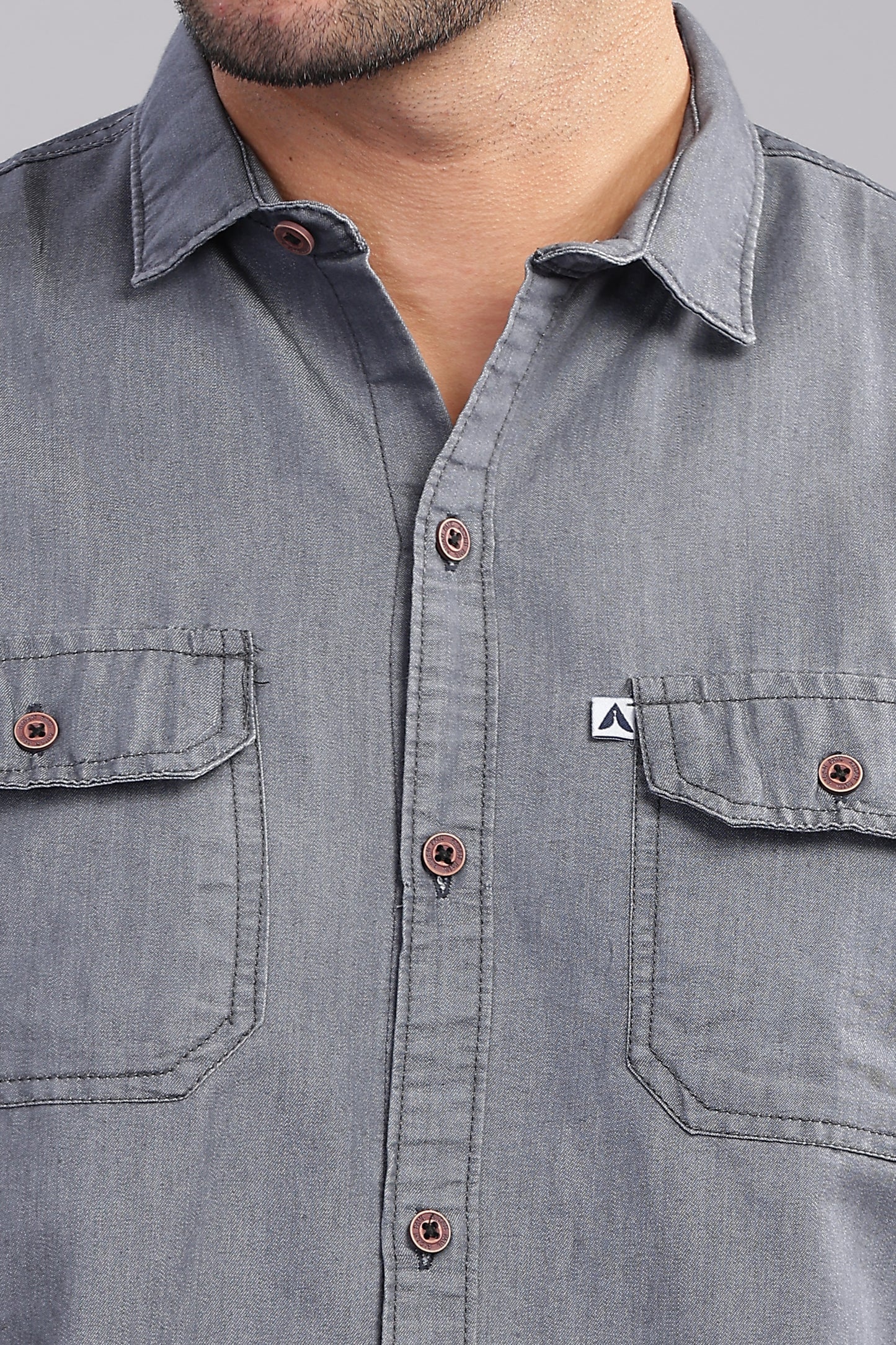 Solid Plain Double Pocket Cut Away Collor Denim Shirt For Men