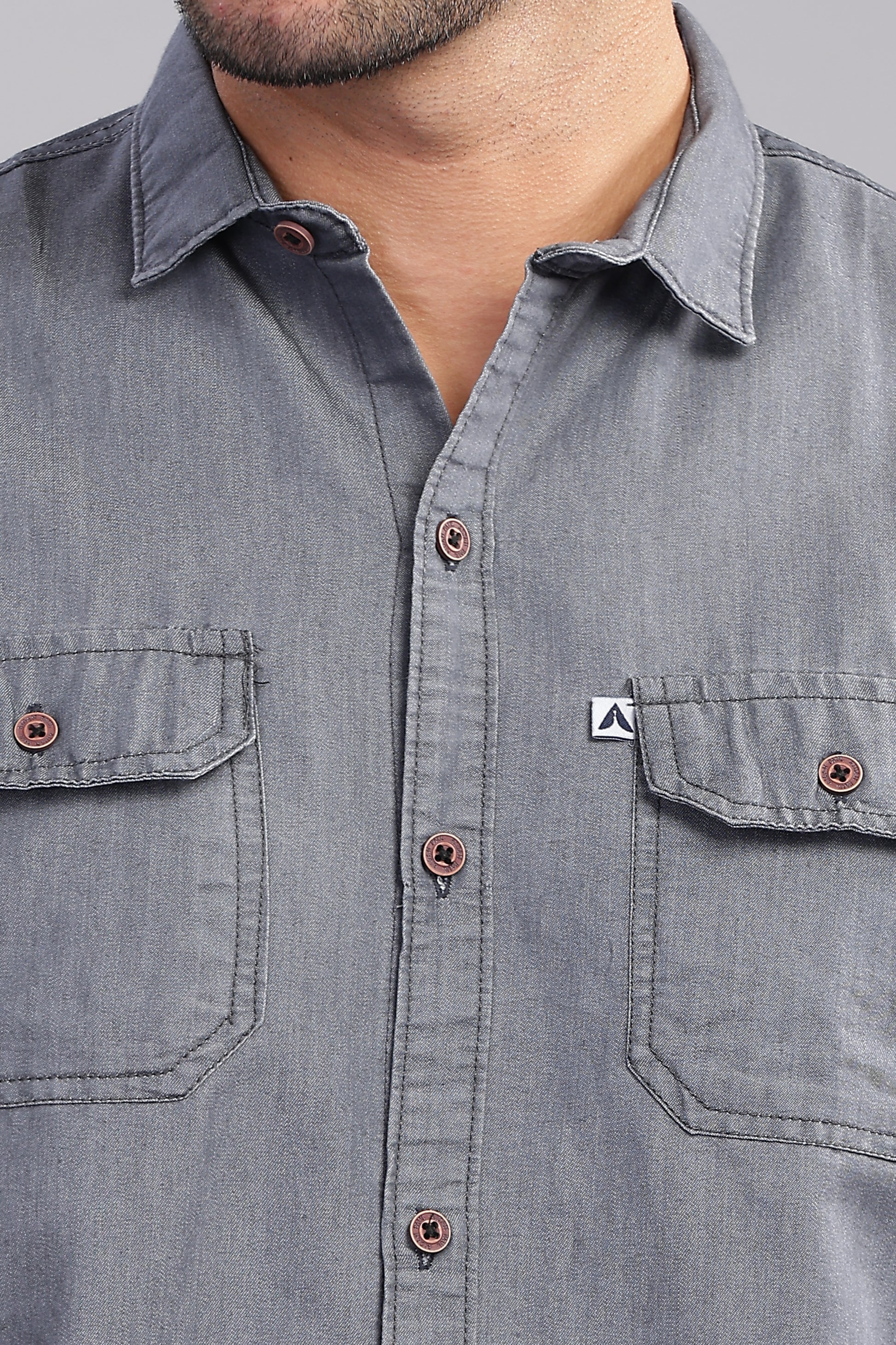 Solid Plain Double Pocket Cut Away Collor Denim Shirt For Men