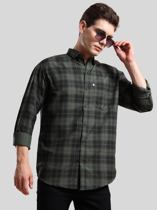 Dark green and black checked cotton shirt for men with full sleeves, styled with sunglasses