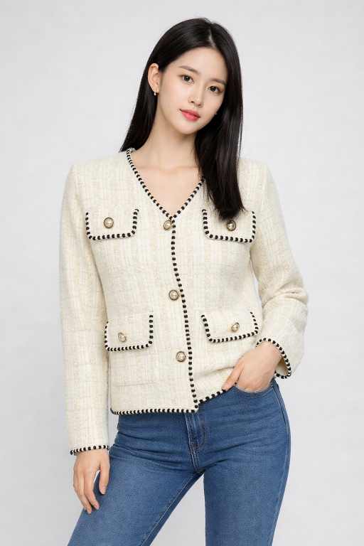 Women's White Tweed sweater with Black Contrast Trim & Pearl Buttons – Elegant Winter Wear