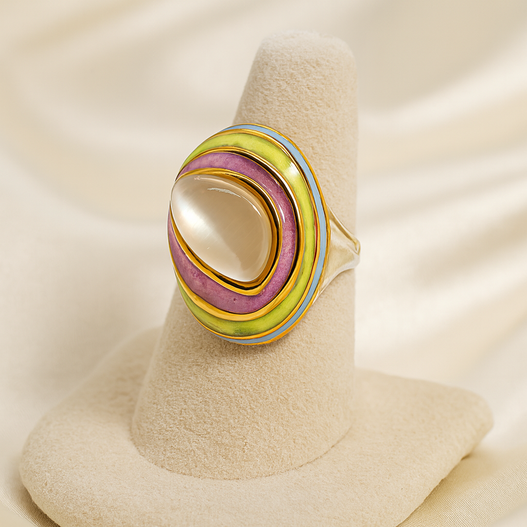 Close-up view of a multicolor enamel statement ring with a luminous moonstone cabochon