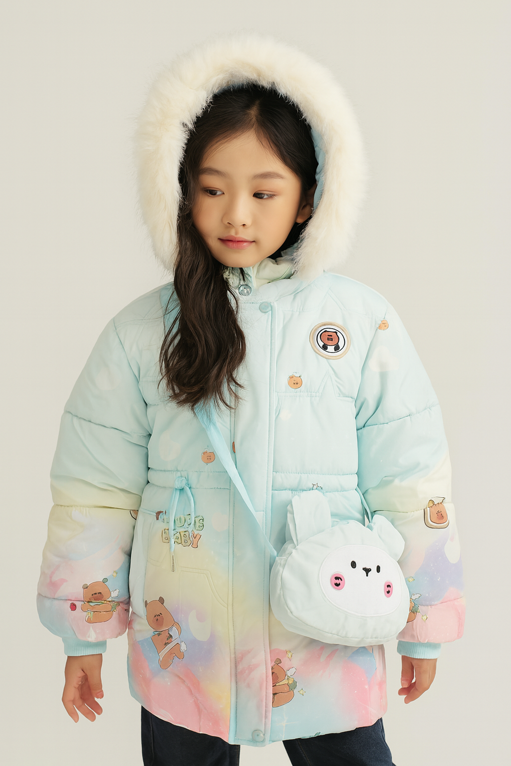 a light blue winter jacket with pastel rainbow accents, cartoon bear prints, and a white faux fur-trimmed hood, paired with a small light blue crossbody bag shaped like a cute bunny face