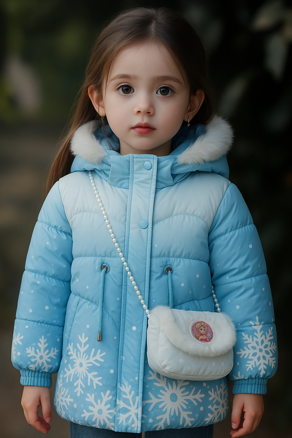a light blue winter puffer jacket with white fur trim on the hood and white snowflake patterns, paired with a small matching blue shoulder bag featuring a white faux fur flap and pearl strap