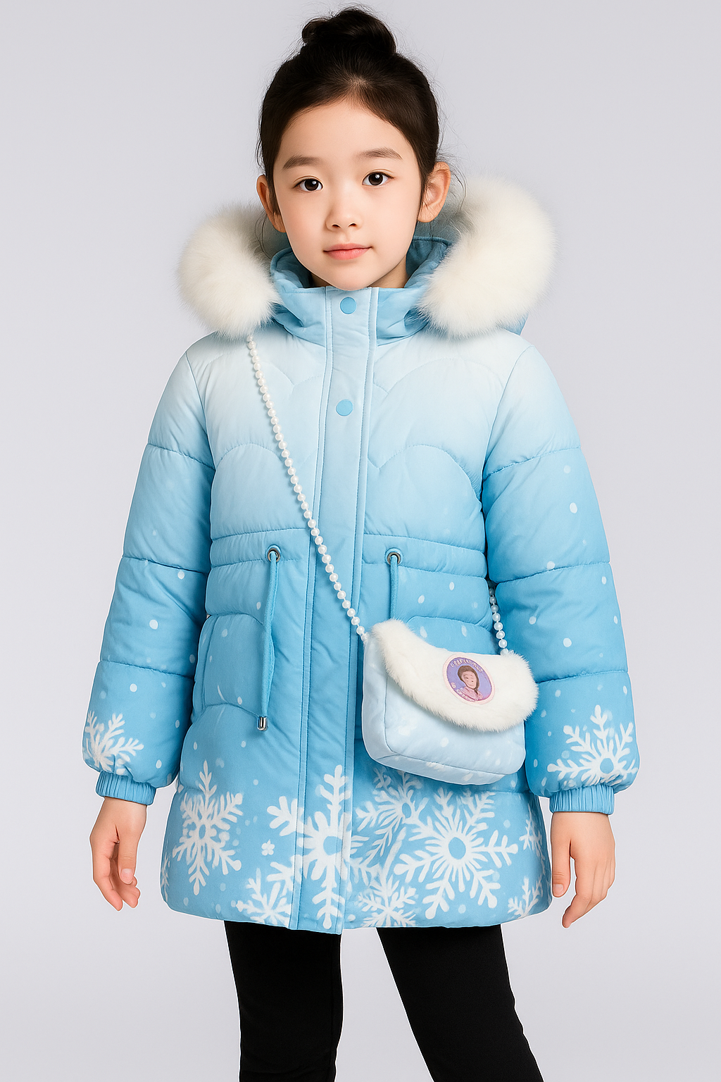 a light blue winter puffer jacket with white fur trim on the hood, featuring a snowflake print design