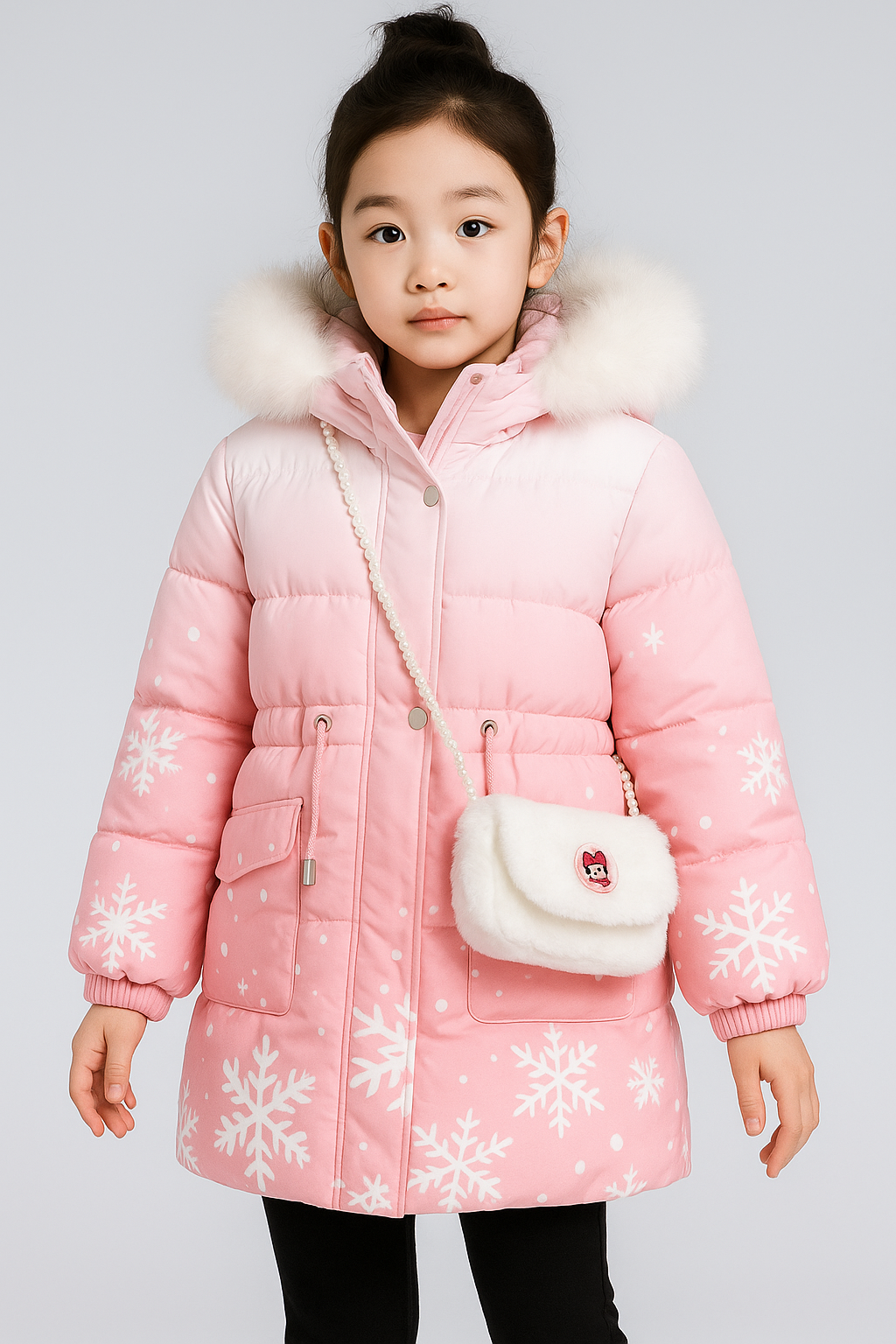 a pink winter coat with white snowflake patterns, a fur-trimmed hood, and a small white faux fur purse with a cartoon character patch