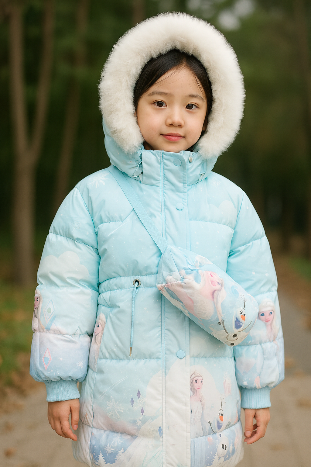 a light blue Frozen-themed winter jacket with a white faux fur hood, featuring Elsa and Olaf prints, and carrying a matching crossbody bag